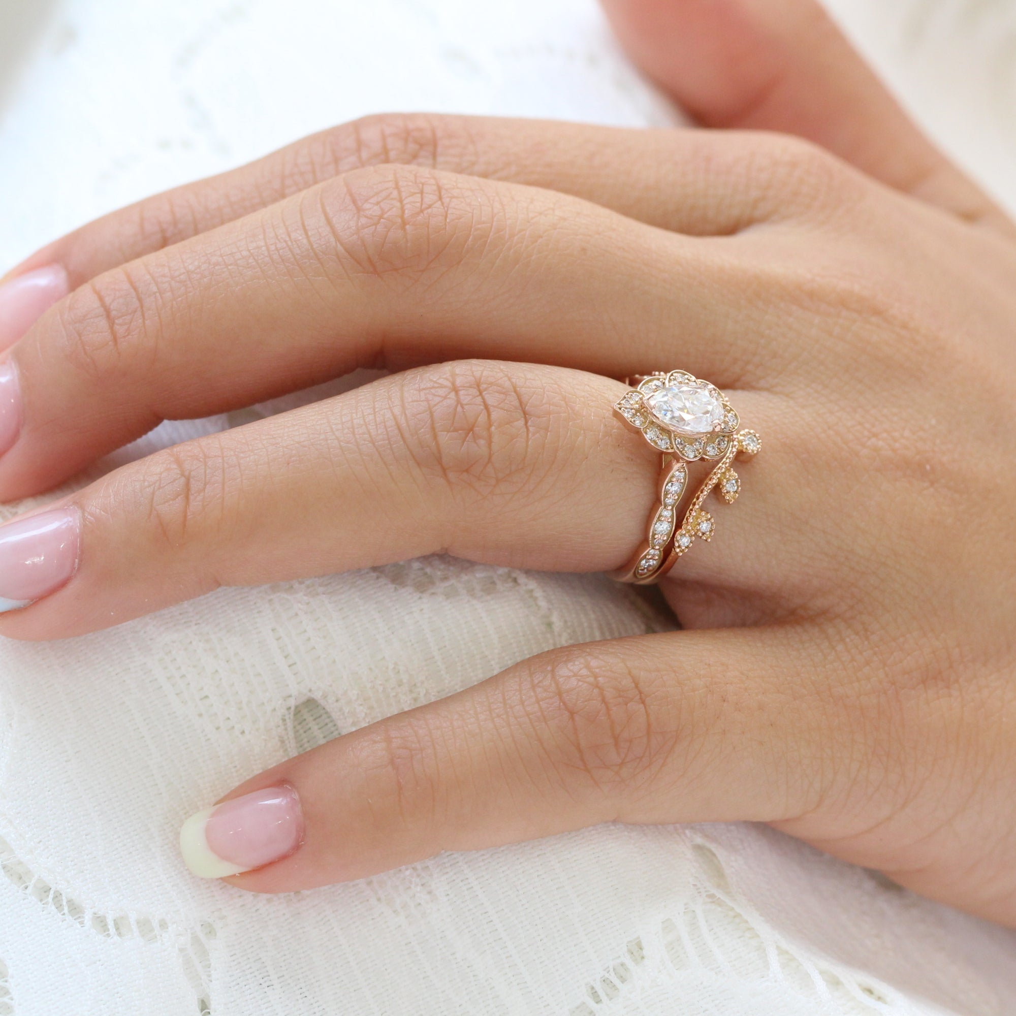 Pear Moissanite Ring Rose Gold Curved Leaf Diamond Wedding Ring Set
