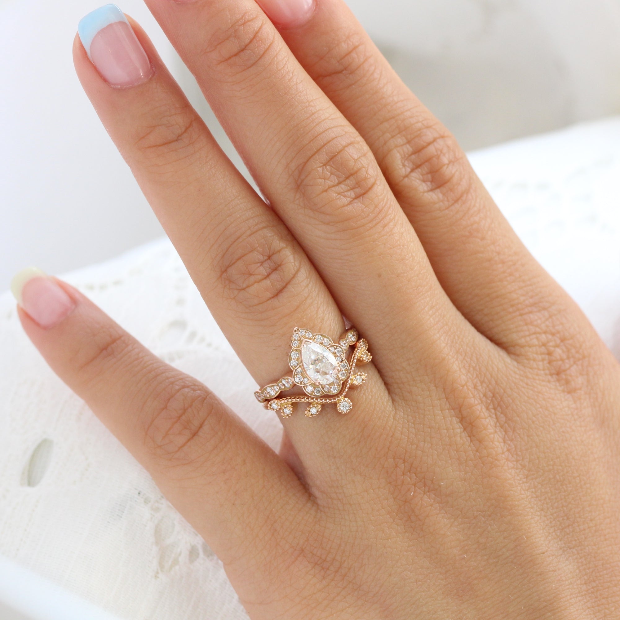 Morganite Curved Wedding Band For Pear Shaped Pear Moissanite Ring