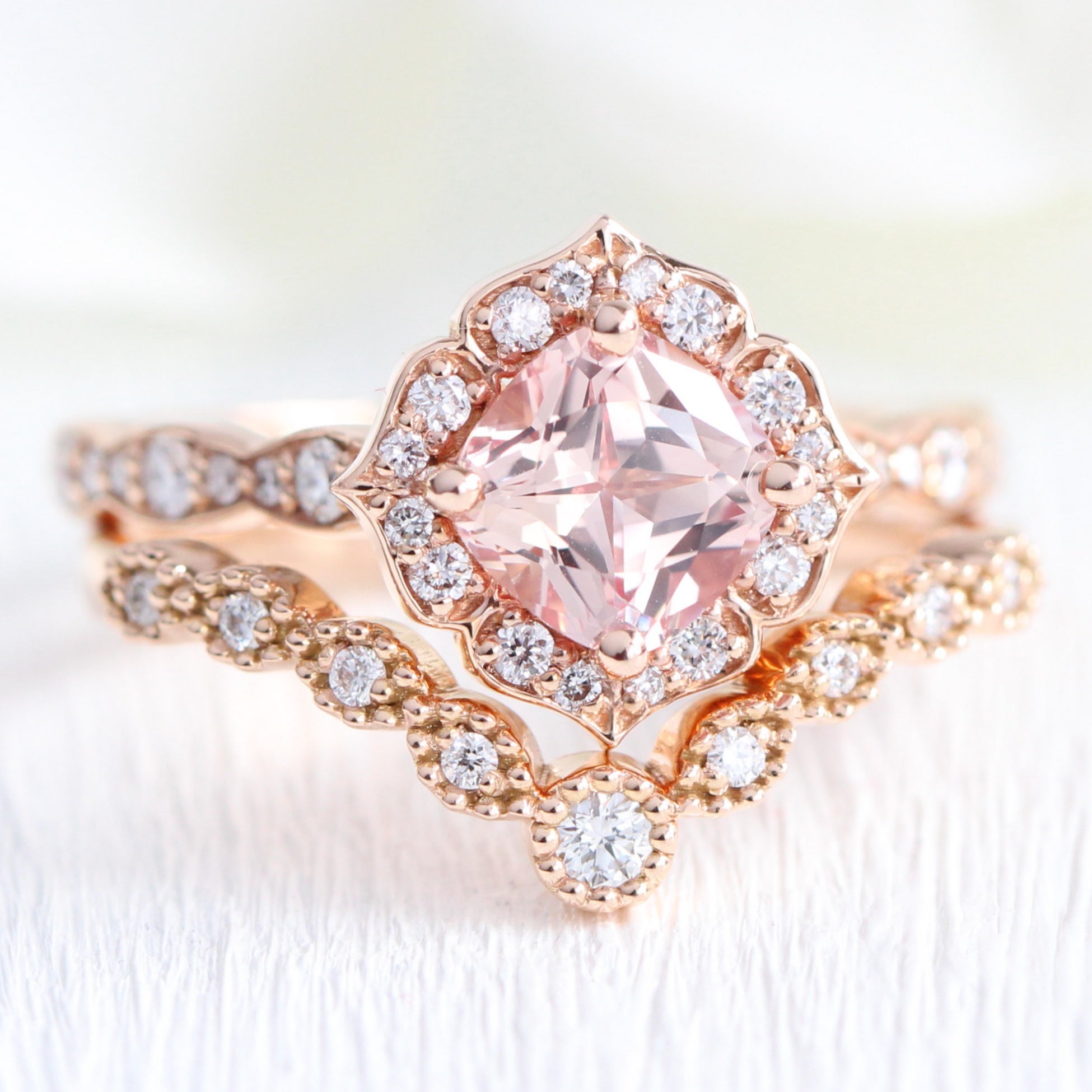 Vintage halo diamond peach sapphire engagement ring stack rose gold by la more design jewelry