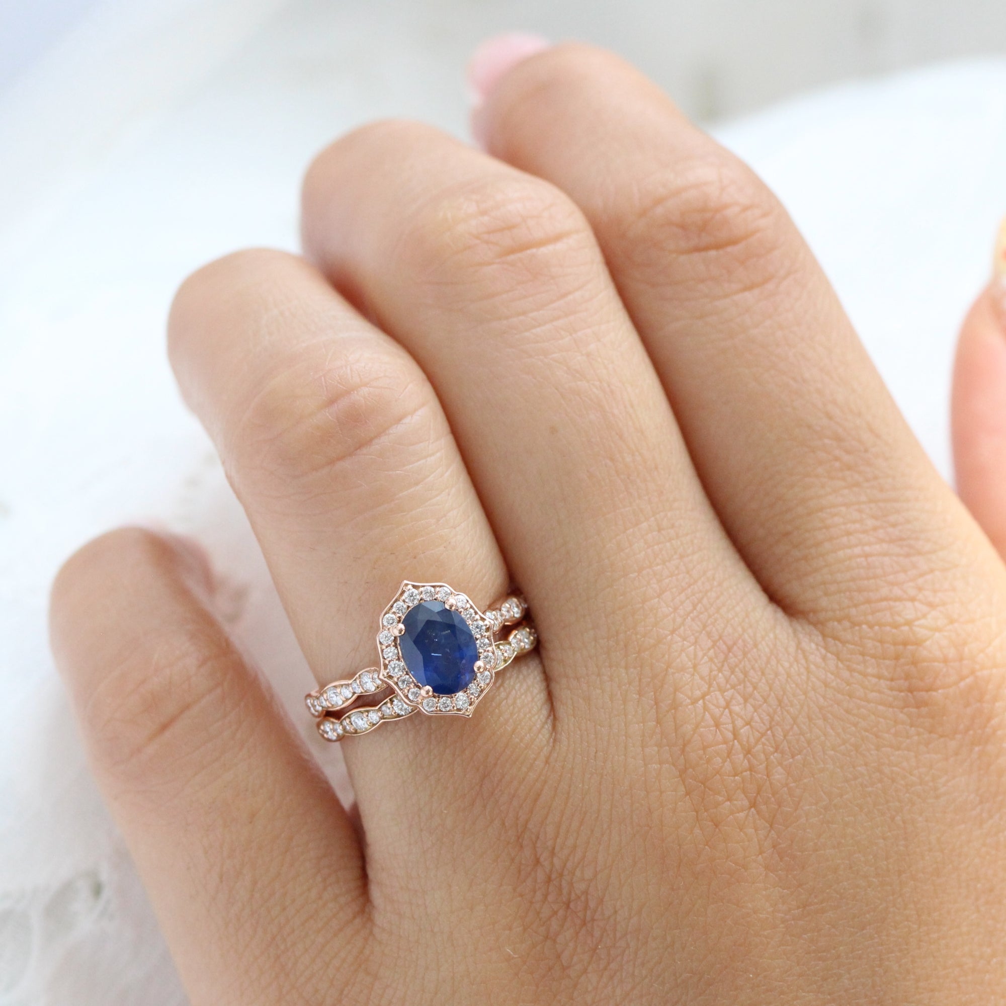 Vintage halo diamond sapphire engagement ring rose gold oval blue sapphire ring stack la more design jewelry