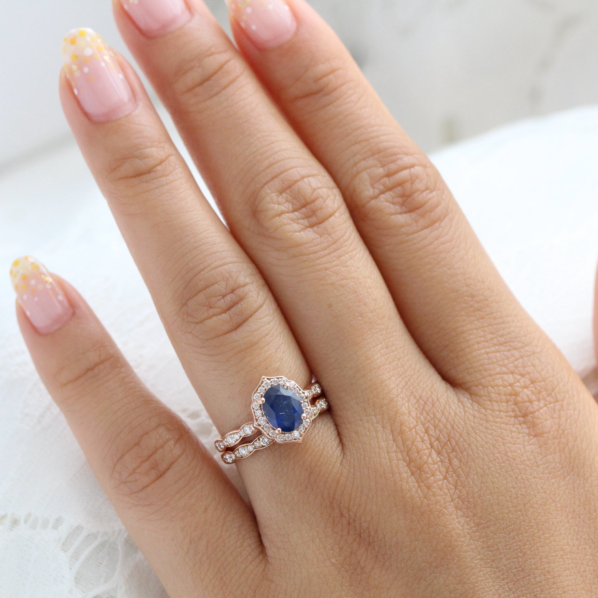 Natural Oval Sapphire Ring Rose Gold Vintage Halo Diamond Wedding