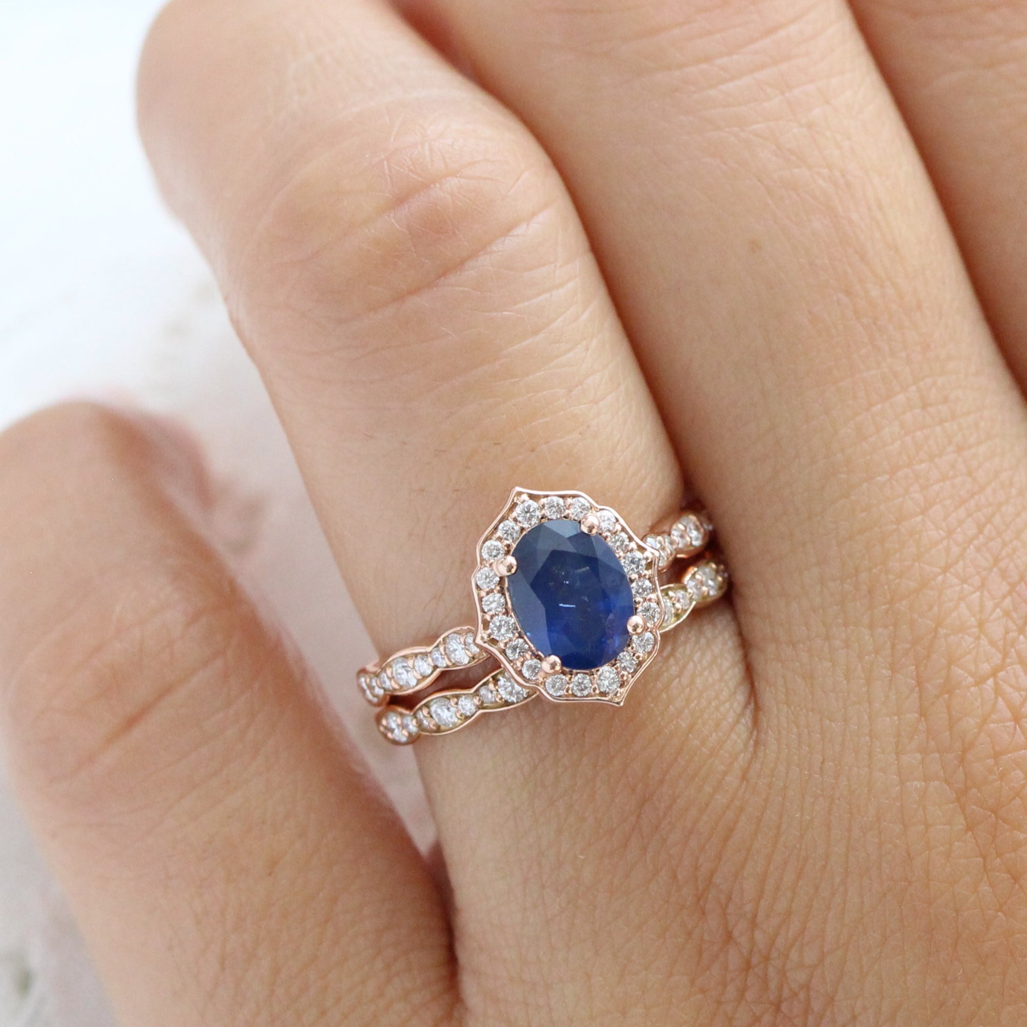 Vintage halo diamond sapphire engagement ring rose gold oval blue sapphire ring stack la more design jewelry