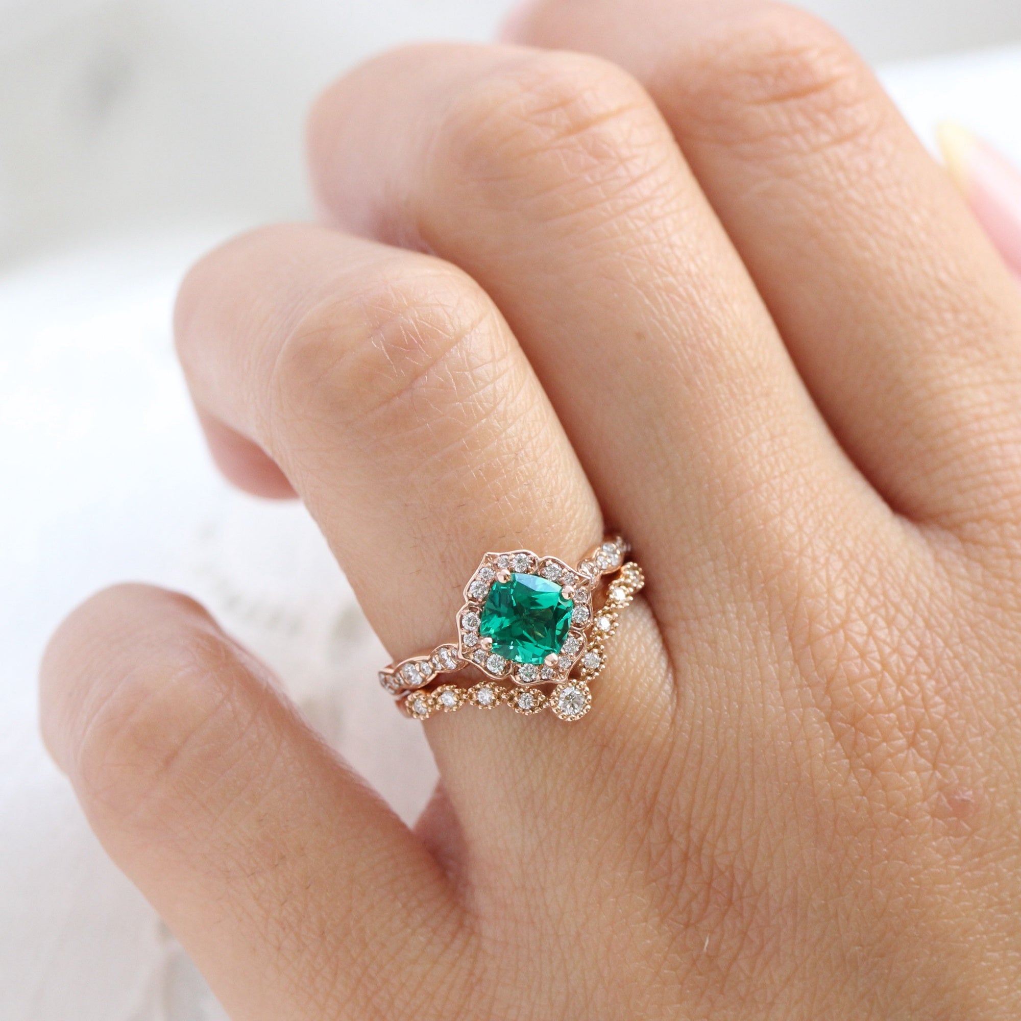 Vintage Halo Emerald Ring Rose Gold Curved Diamond Wedding Ring