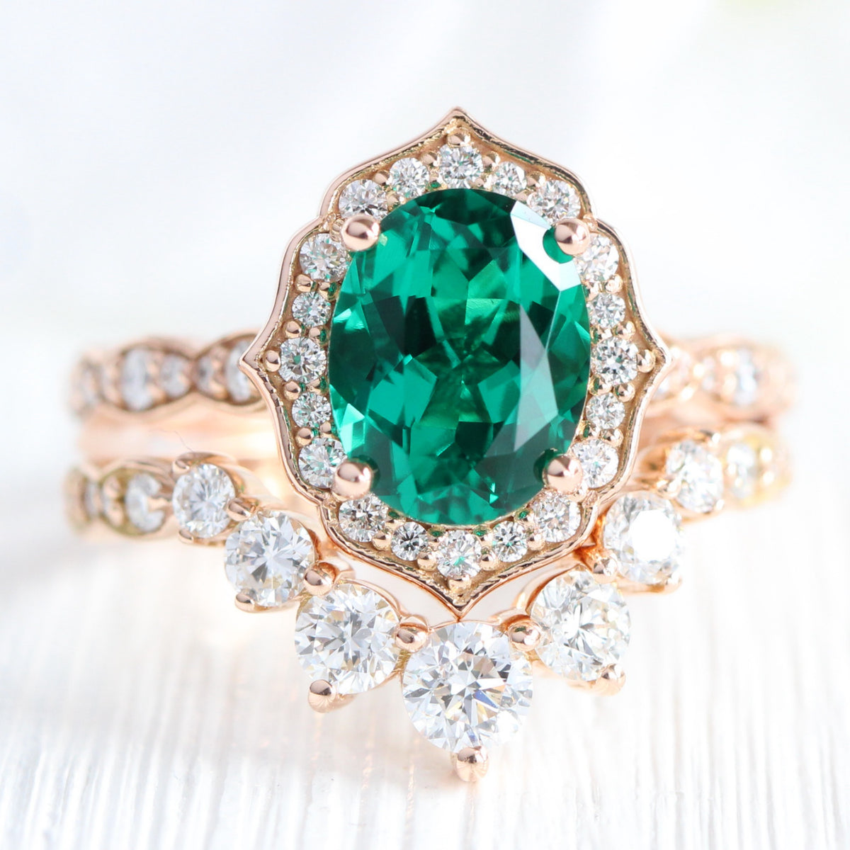 Vintage halo large emerald ring stack rose gold curved diamond wedding band la more design jewelry