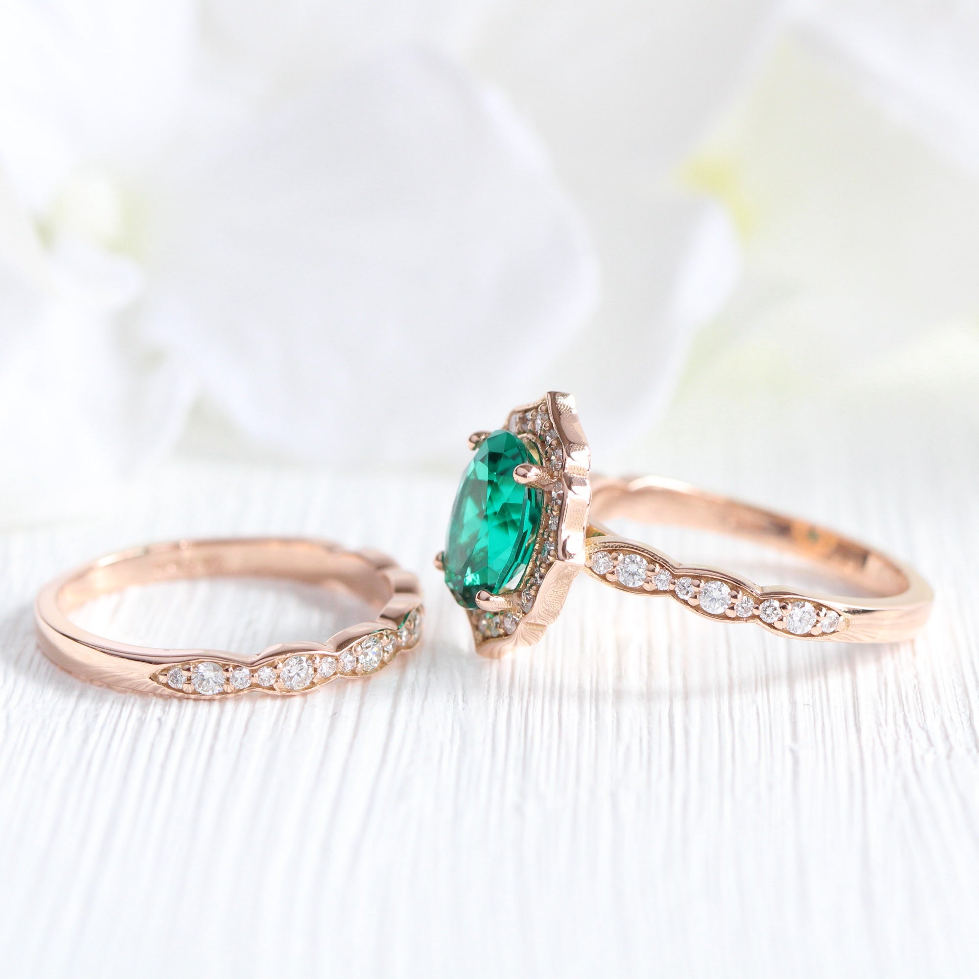 xVintage halo large emerald ring stack rose gold matching diamond wedding band la more design jewelry