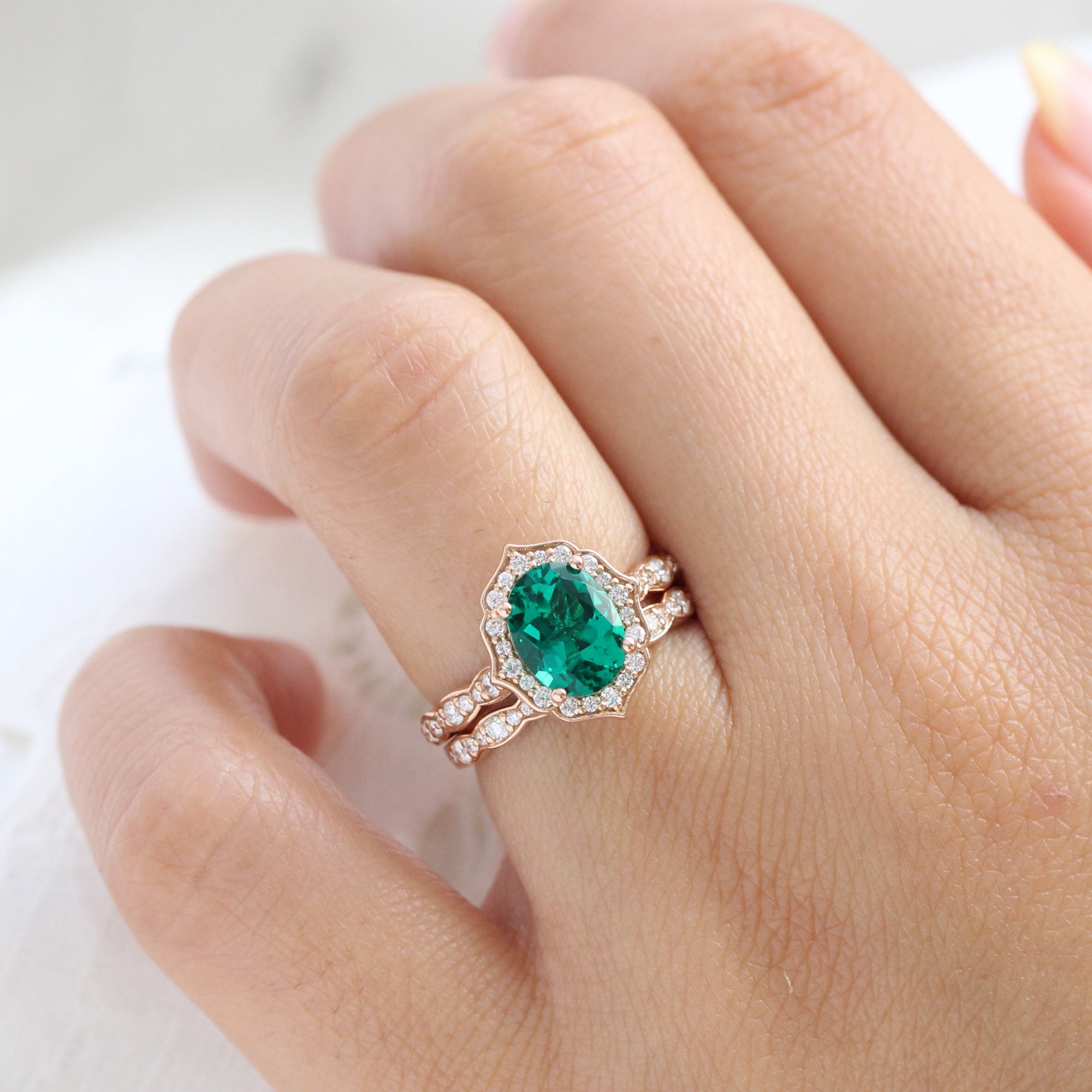 Large Oval Emerald Ring Set Rose Gold Vintage Halo Diamond Ring Stack