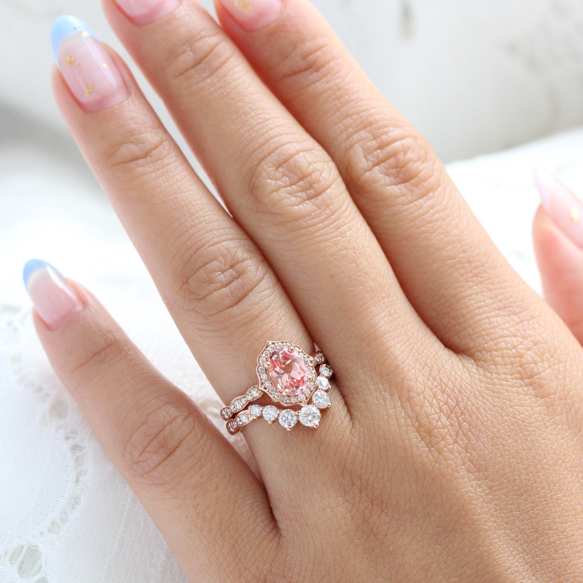Peach Pink Sapphire Ring Bridal Set Curved Diamond Wedding Ring