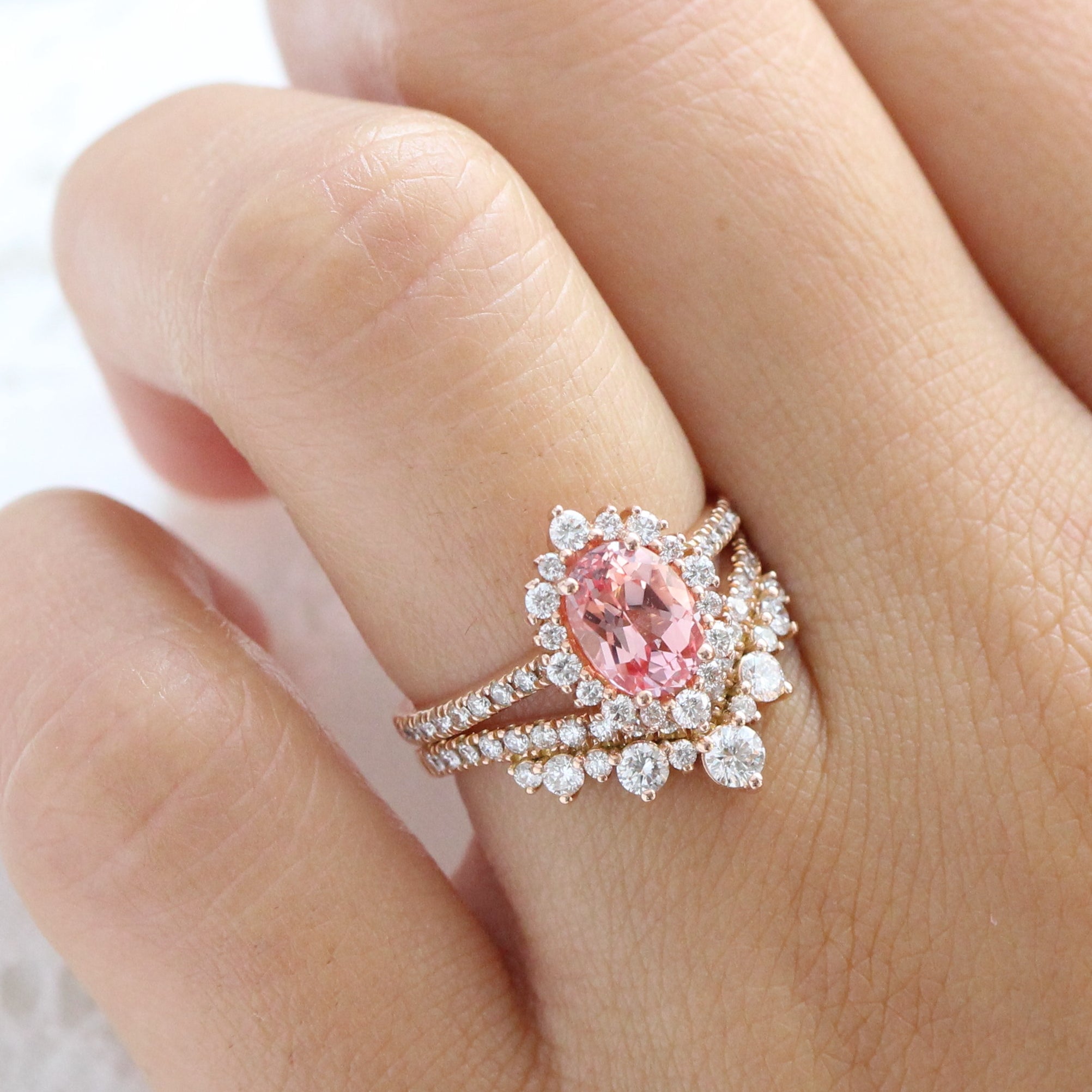 Peach sapphire wedding ring top