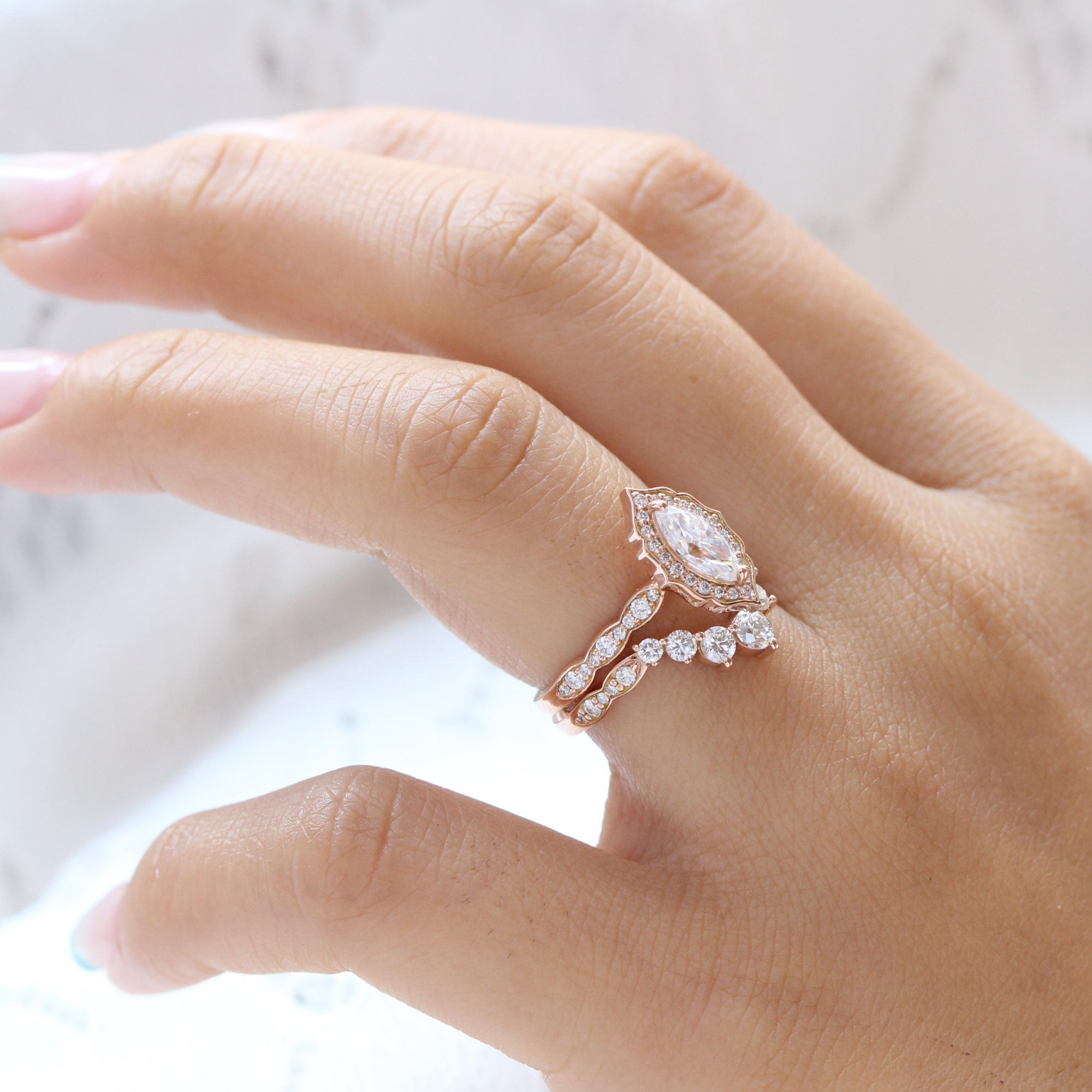 Marquise Moissanite Ring Rose Gold Large Diamond U Wedding Band Set La More Design
