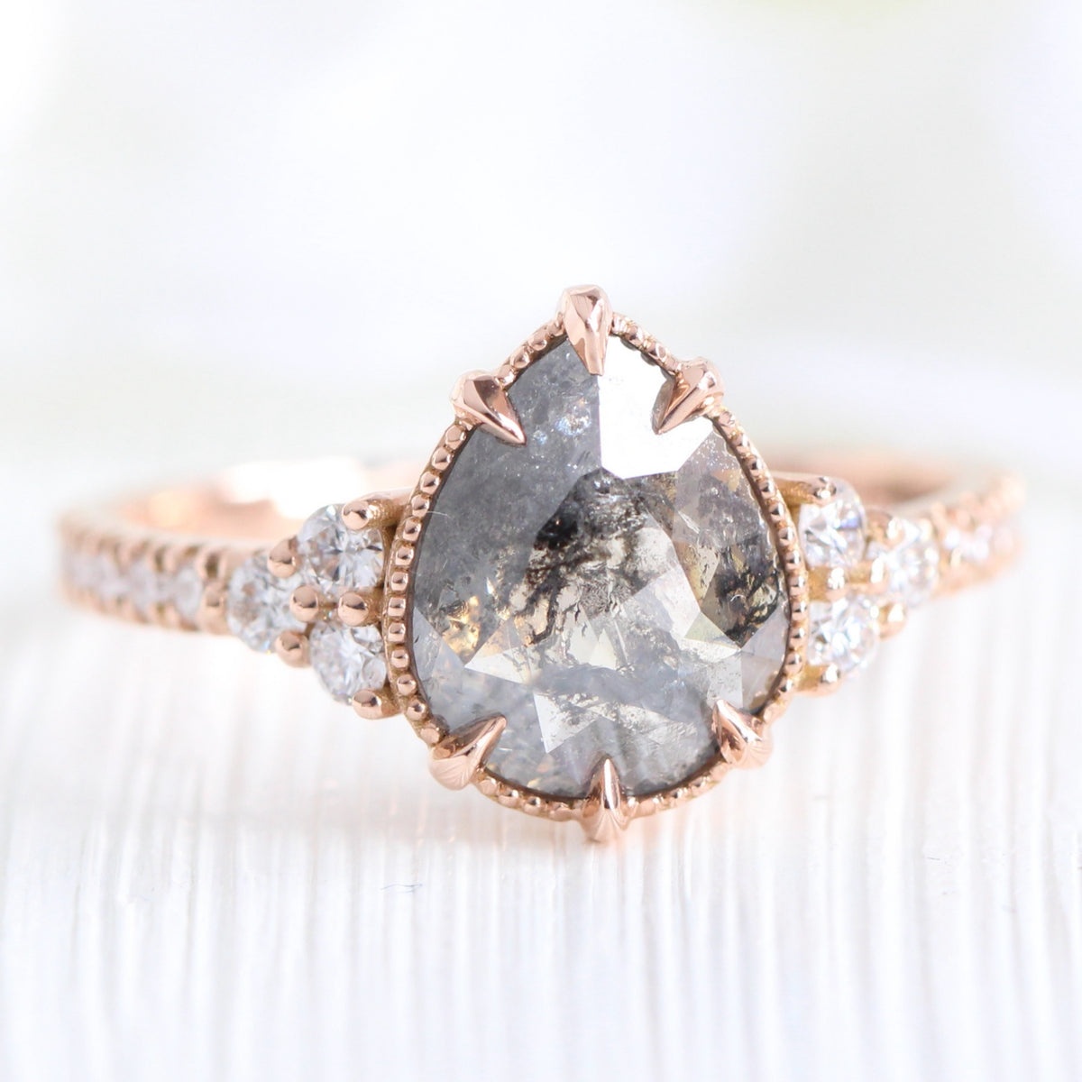 Vintage salt and pepper diamond ring rose gold 3 stone pear ring la more design jewelry