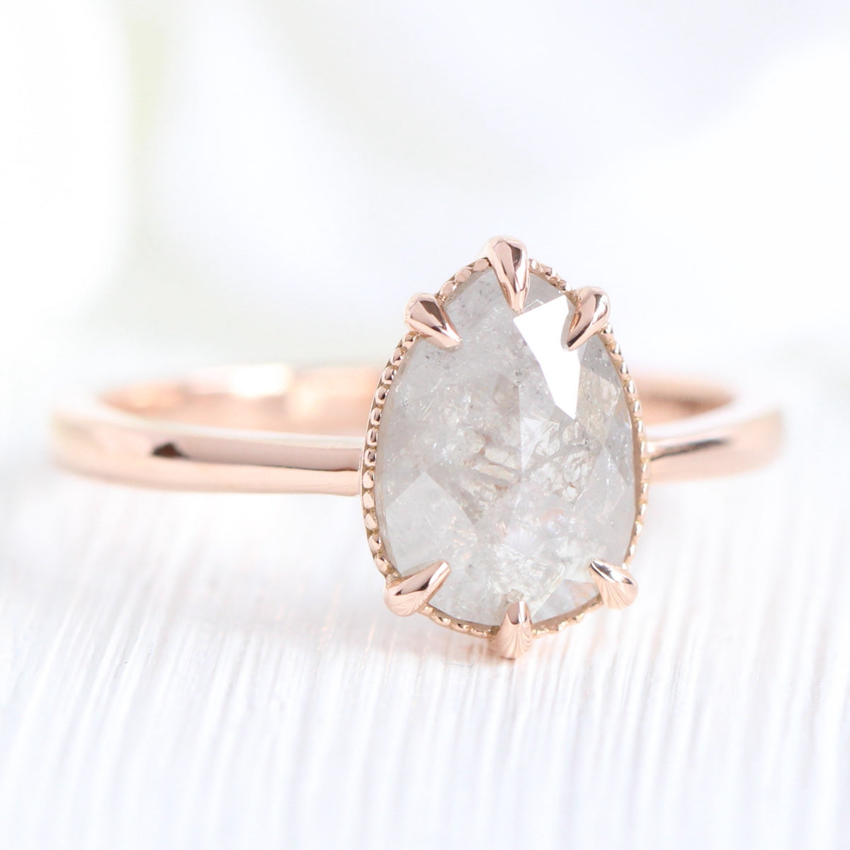 Vintage salt and pepper diamond ring rose gold pear solitaire ring la more design jewelry