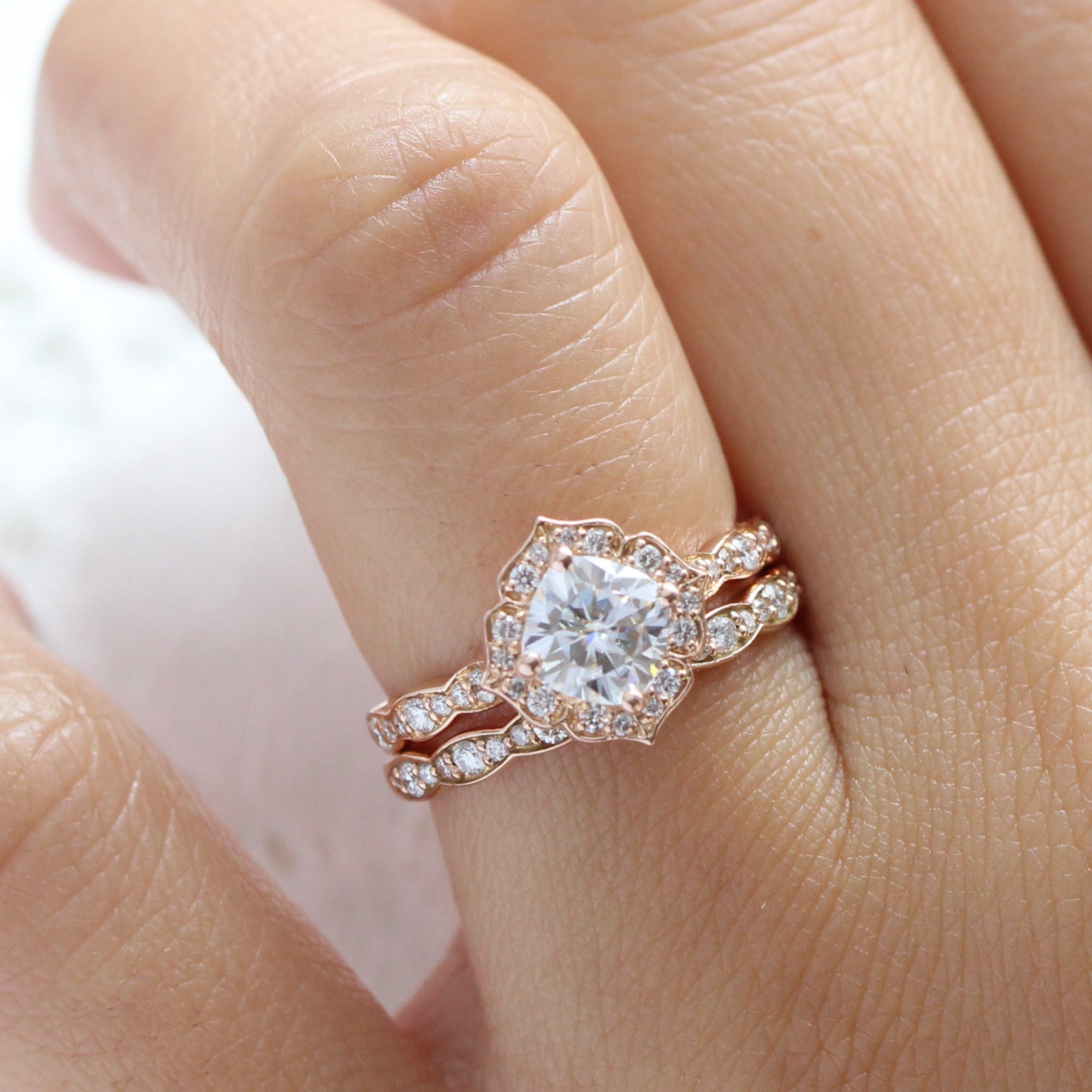 Vintage style moissanite diamond engagement ring rose gold bridal set by la more design jewelry