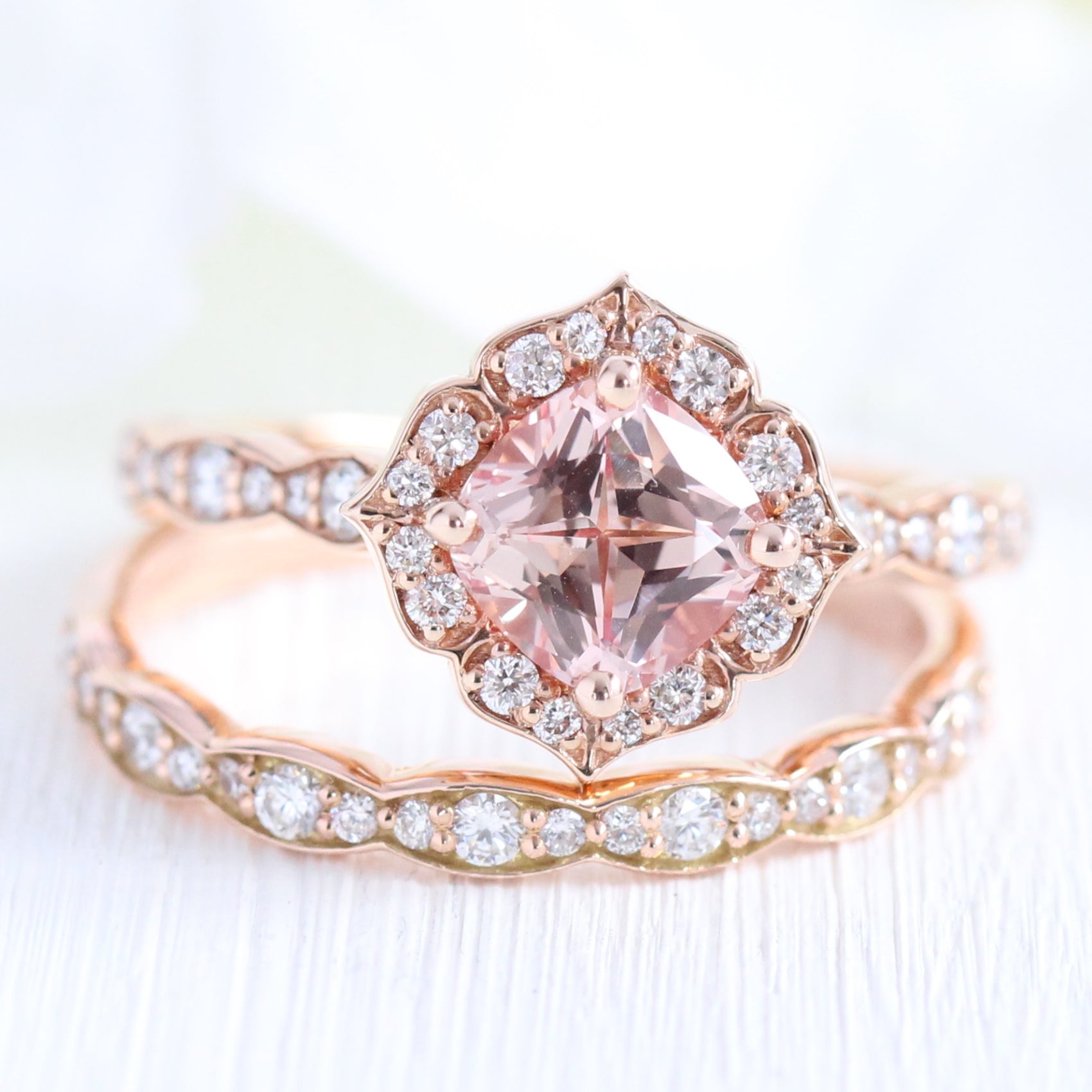 Vintage halo diamond peach sapphire engagement ring stack rose gold by la more design jewelry