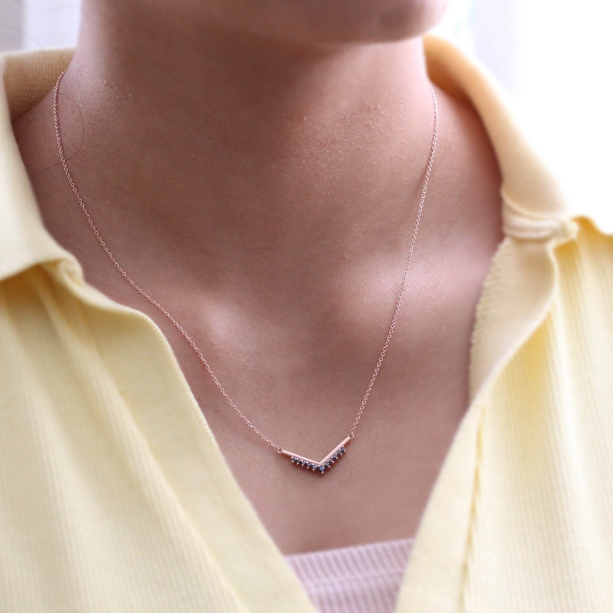 Black Diamond Pendant Rose Gold V Shaped Layering Drop Black Diamond Pendant Rose Gold V Shaped Layering Drop
