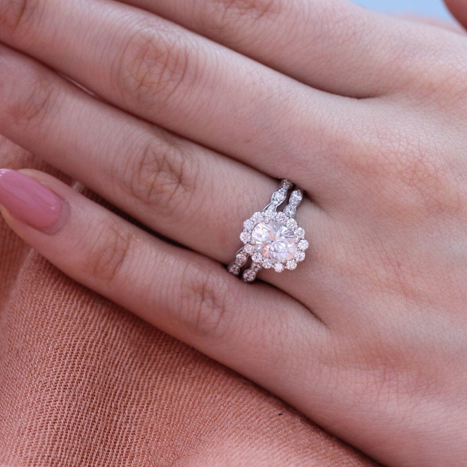 forever one moissanite ring bridal set in white gold halo diamond ring by la more design