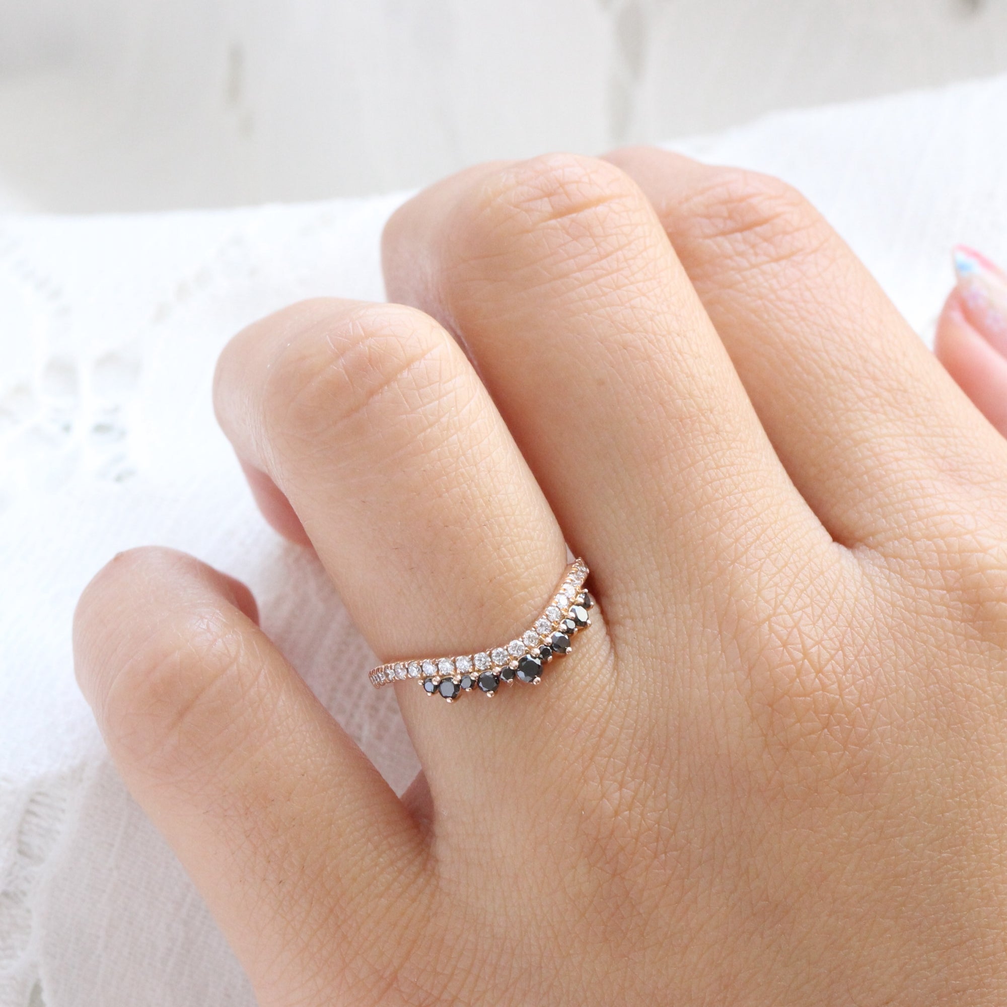 White and Black Diamond Pave Band Rose Gold Curved Crown Wedding