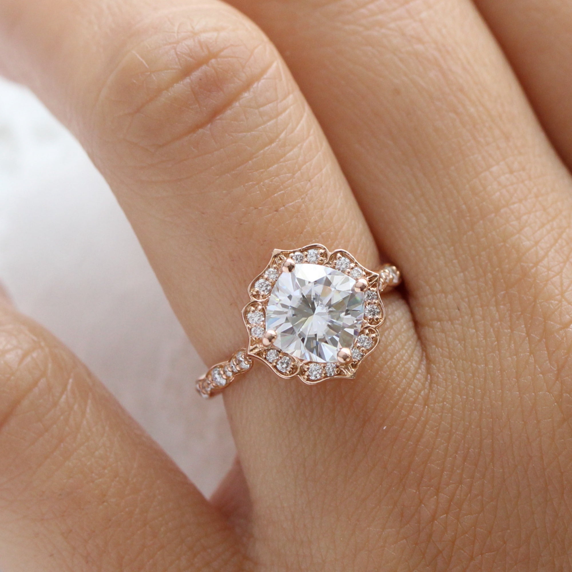 Large Moissanite Diamond Engagement Ring Rose Gold Vintage Halo Ring