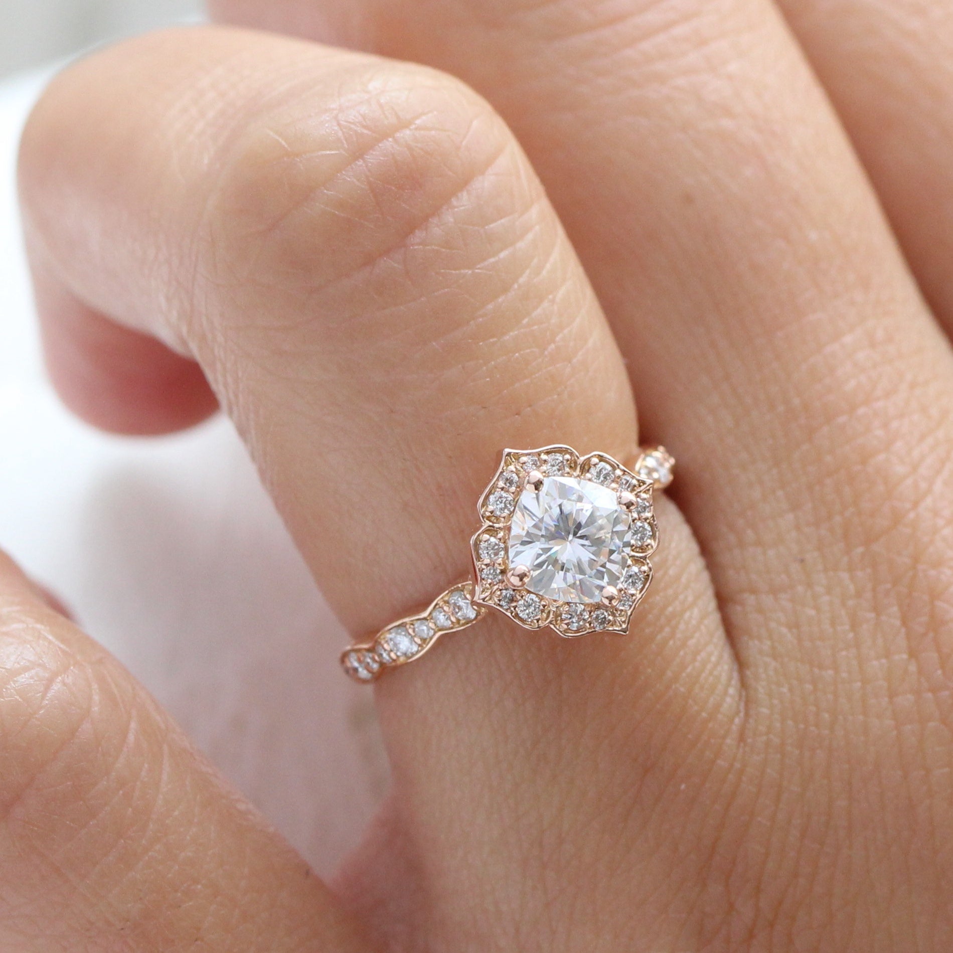 Cushion Moissanite Diamond Engagement Ring Rose Gold Vintage Halo