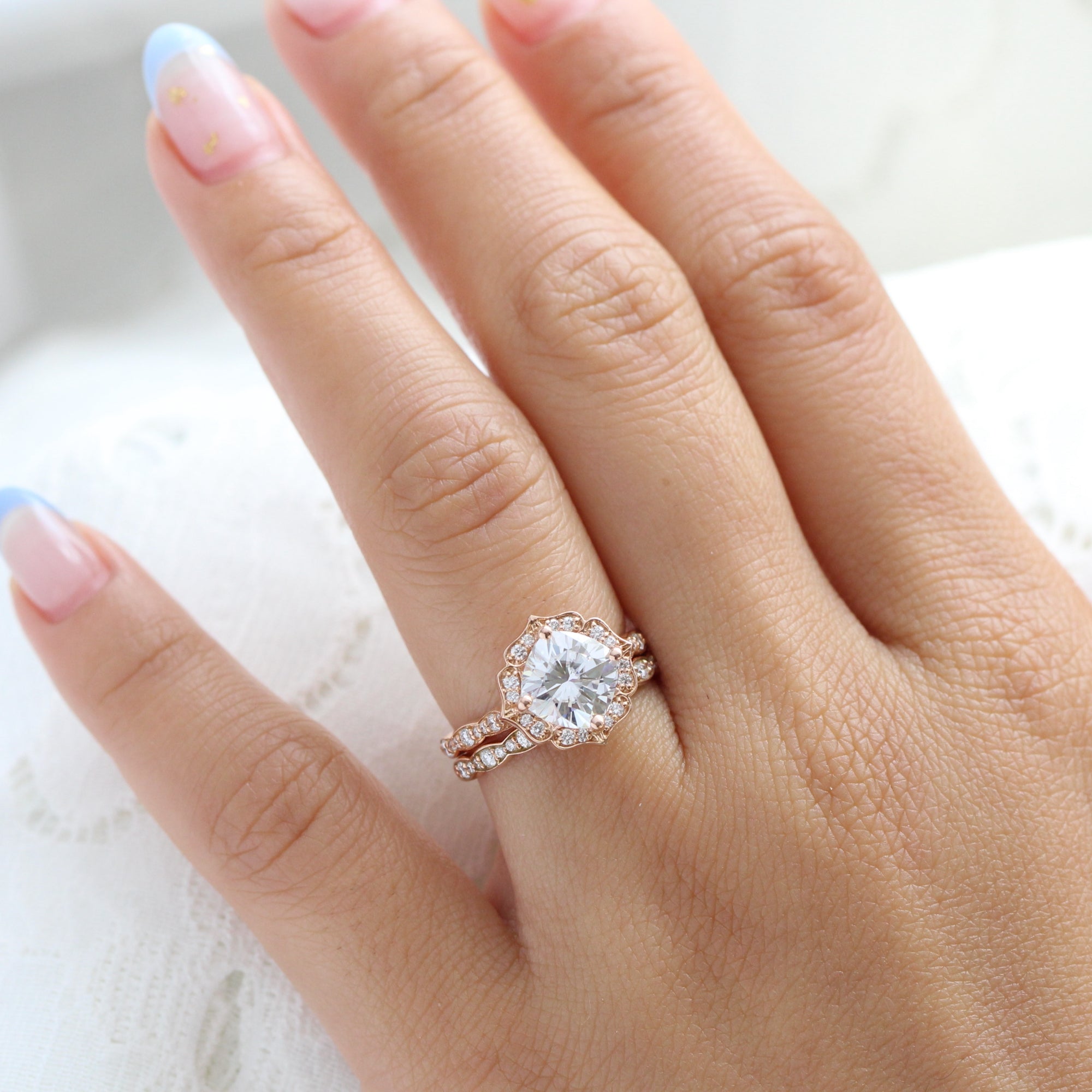 Cushion cut halo engagement ring with wedding band shop