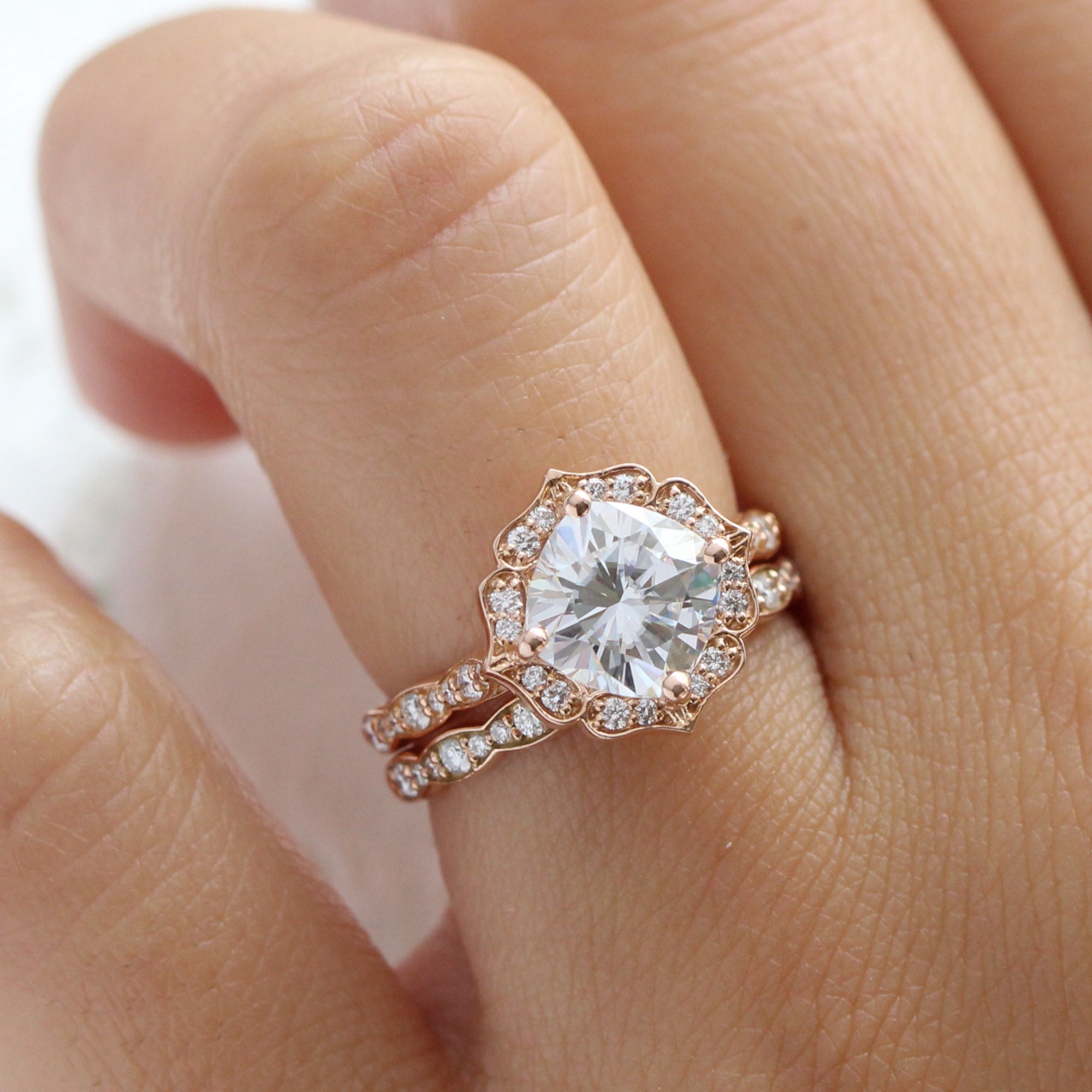 Large Moissanite Diamond Ring Bridal Set Rose Gold Vintage Halo Ring La More Design
