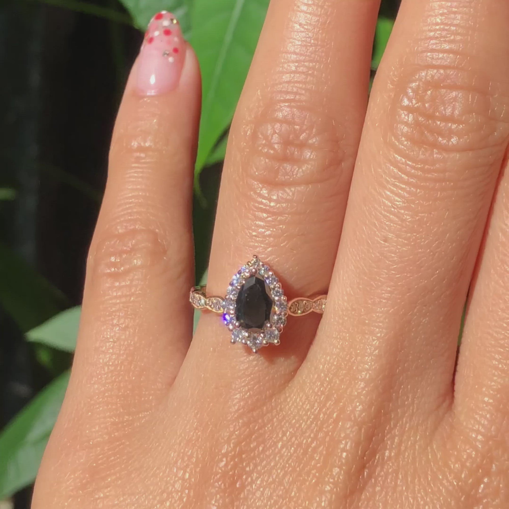 Tiara Halo Pear Black Diamond Ring Set w/ Matching Diamond Scalloped Wedding Band