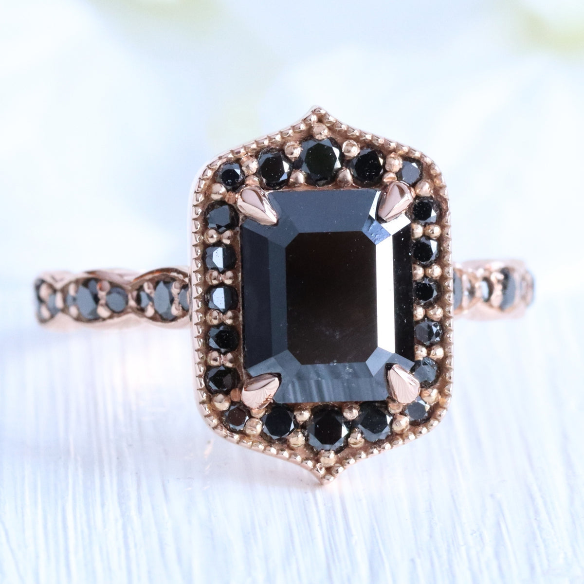 emerald cut black diamond ring rose gold vintage halo diamond ring la more design jewelry