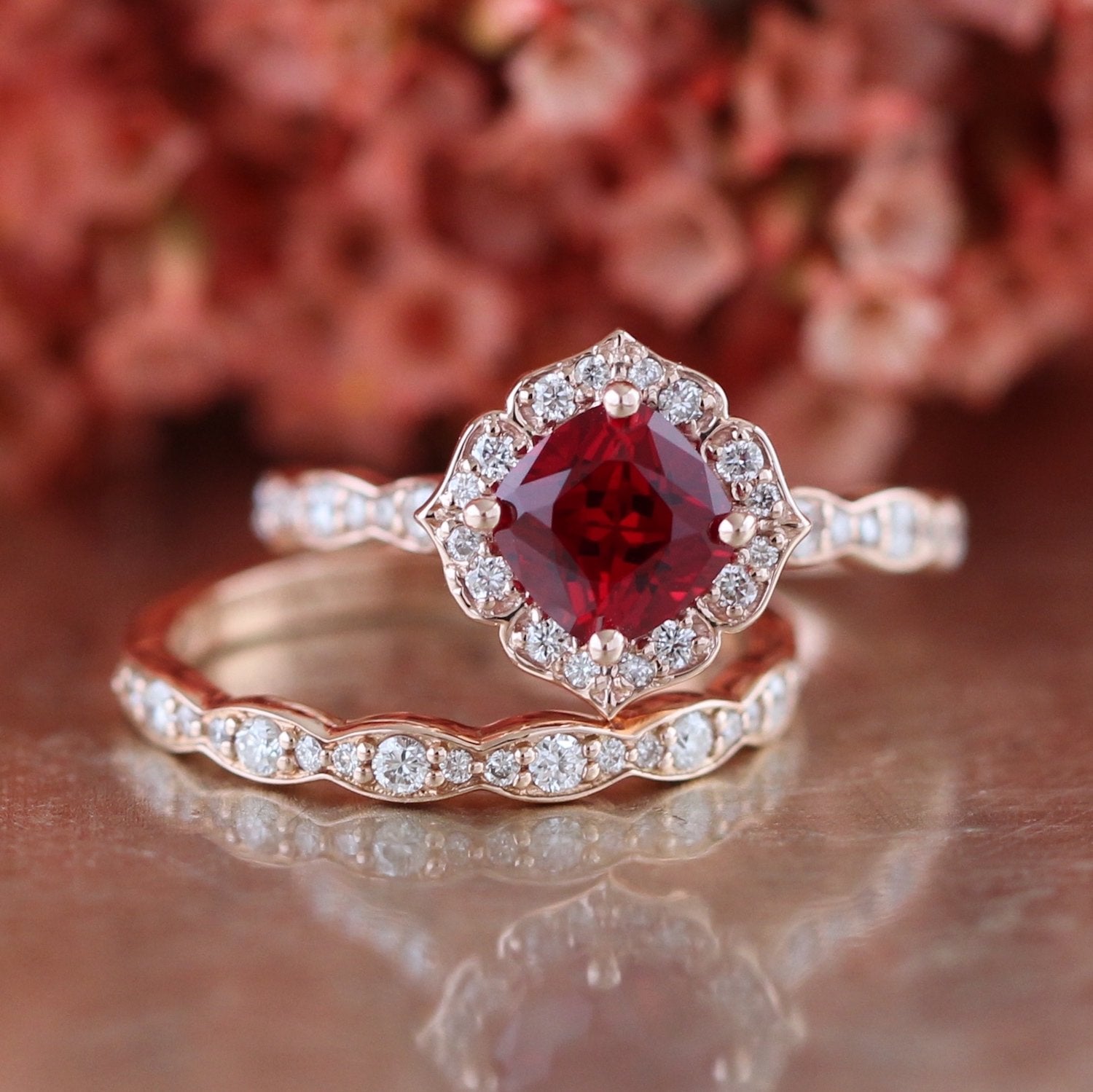 floral ruby engagement ring bridal set yellow gold scalloped band by la more design