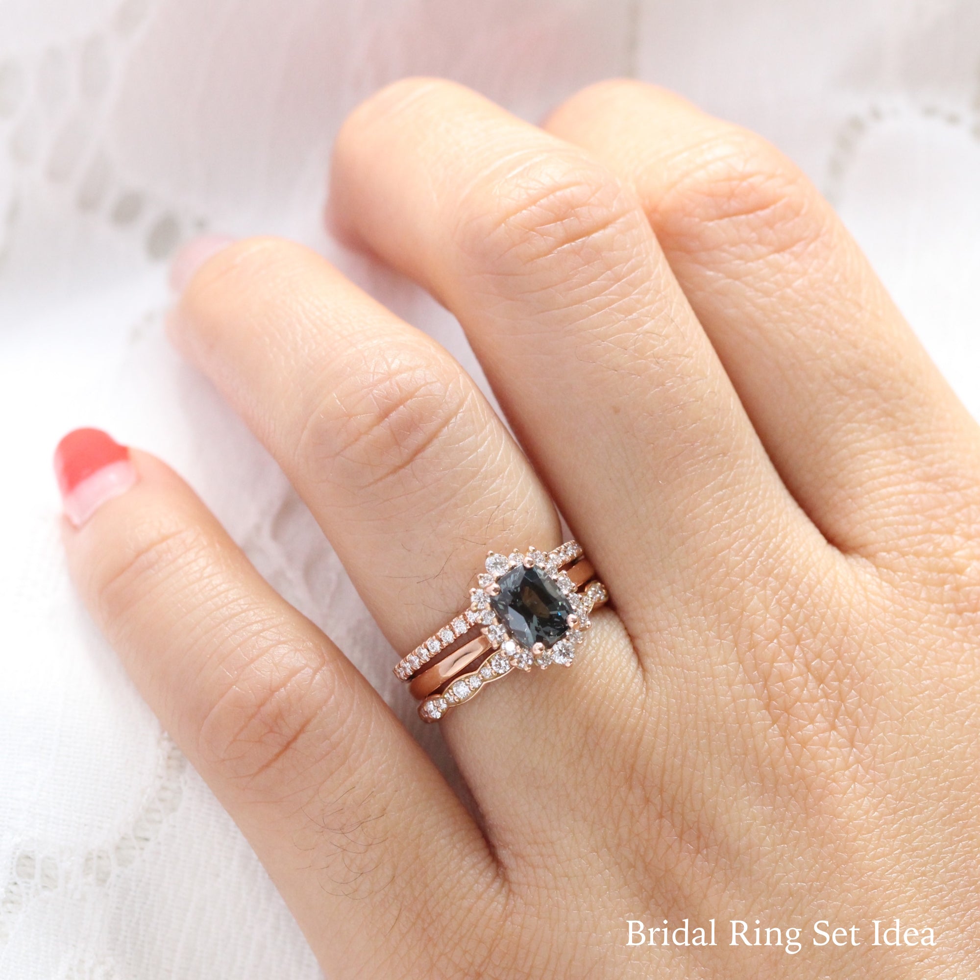 grey spinel ring rose gold cushion salt and pepper diamond ring halo engagement ring bridal set la more design jewelry