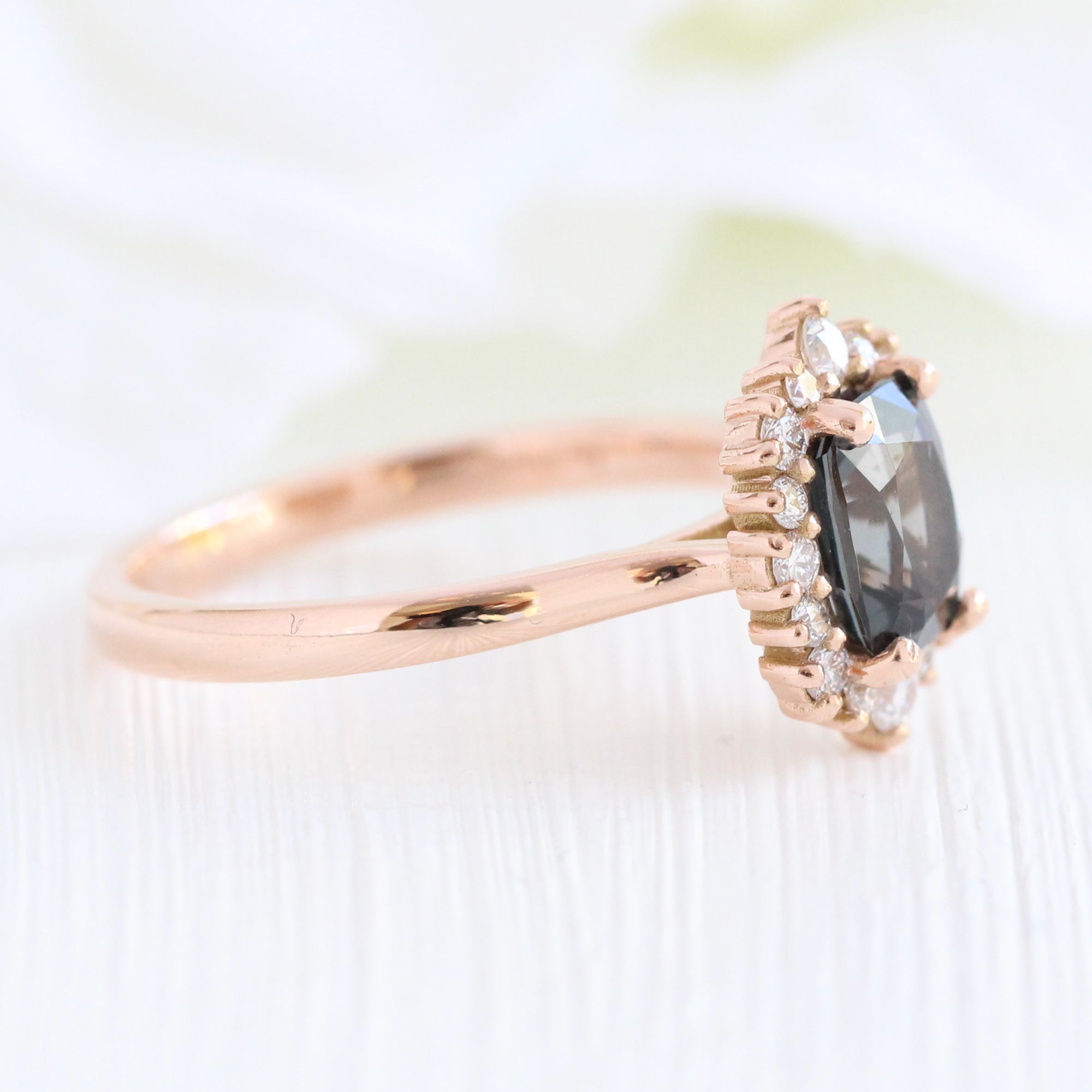 grey spinel ring rose gold cushion salt and pepper diamond ring halo engagement ring la more design jewelry