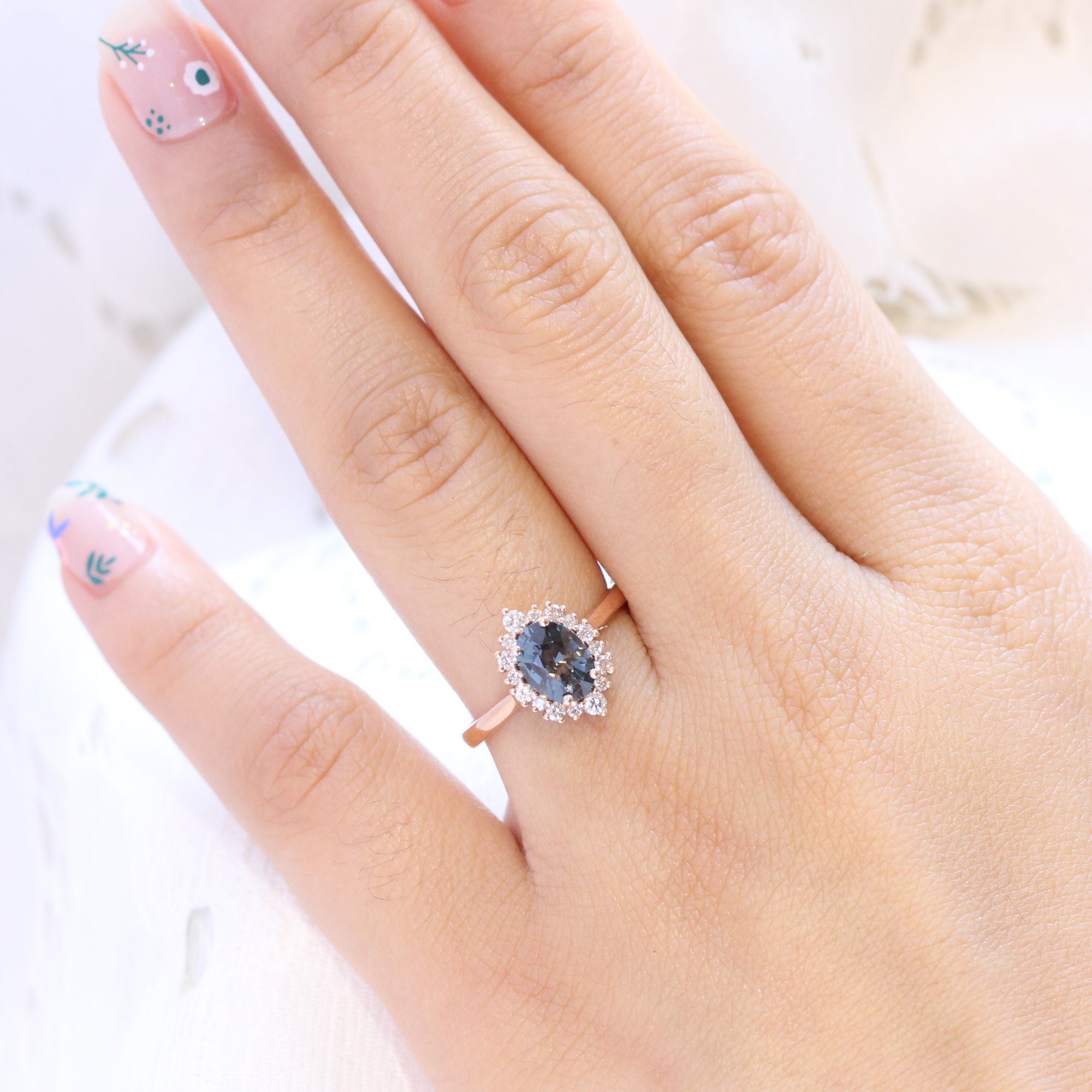 Oval Grey Spinel Ring Rose Gold Cluster Halo Diamond Engagement