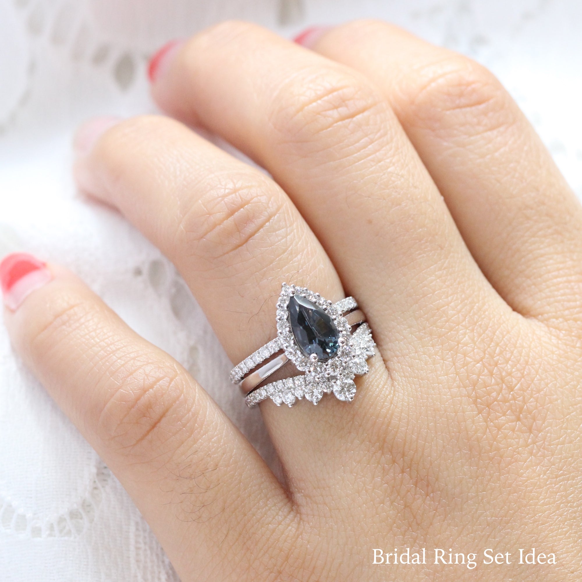 grey spinel ring white gold pear cut salt and pepper diamond ring halo engagement ring bridal set la more design jewelry
