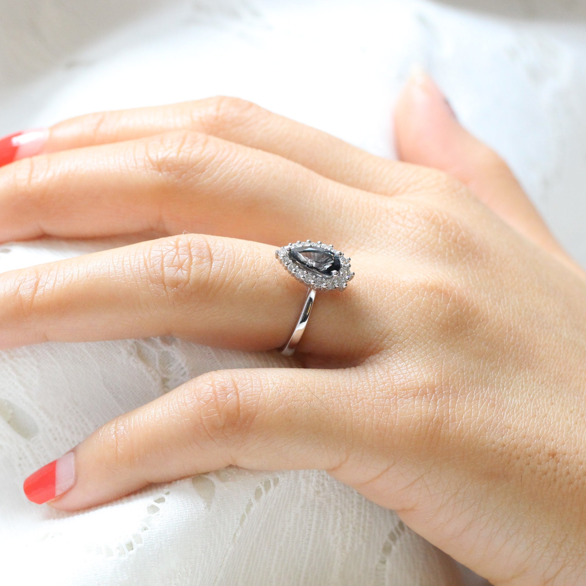 grey spinel ring white gold pear cut salt and pepper diamond ring halo engagement ring la more design jewelry