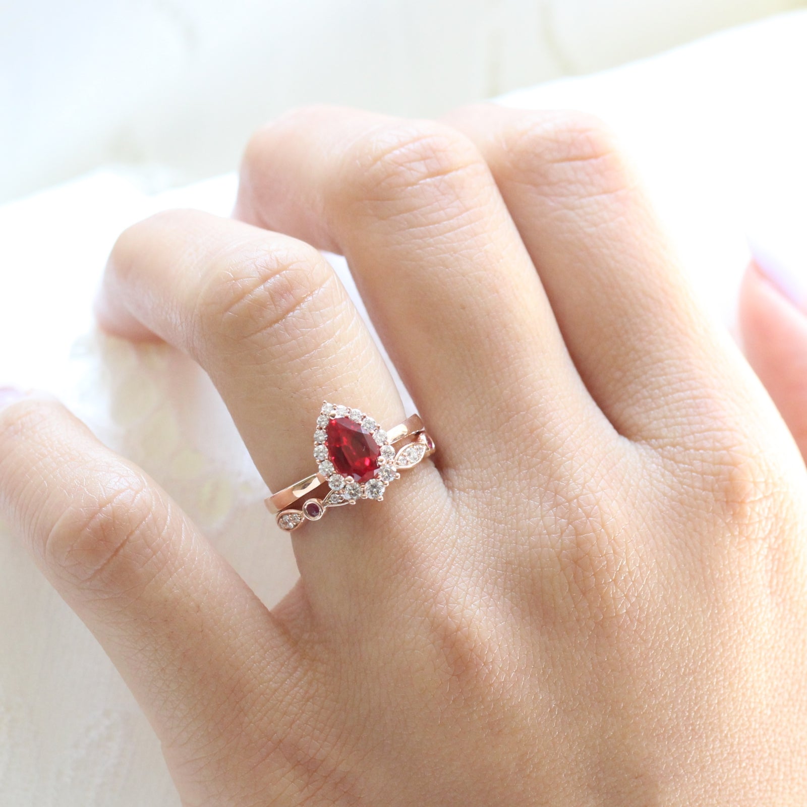 Pear Ruby Engagement Ring Bridal Set Gold Bezel Diamond Wedding Band