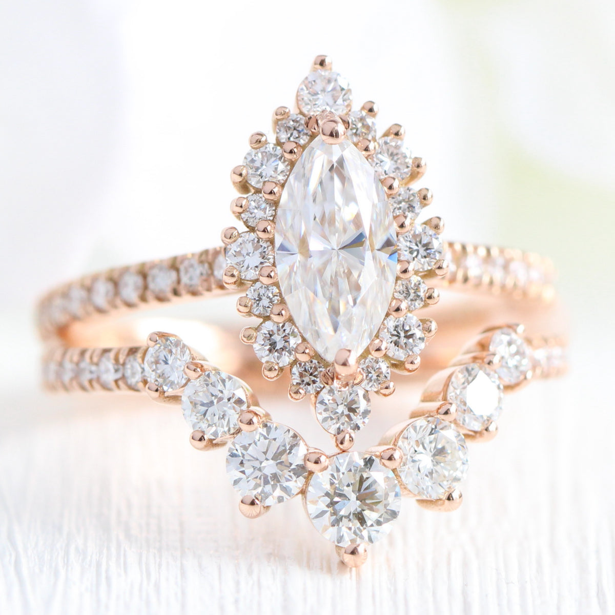 halo diamond marquise moissanite engagement ring rose gold curved wedding band bridal set la more design jewelry