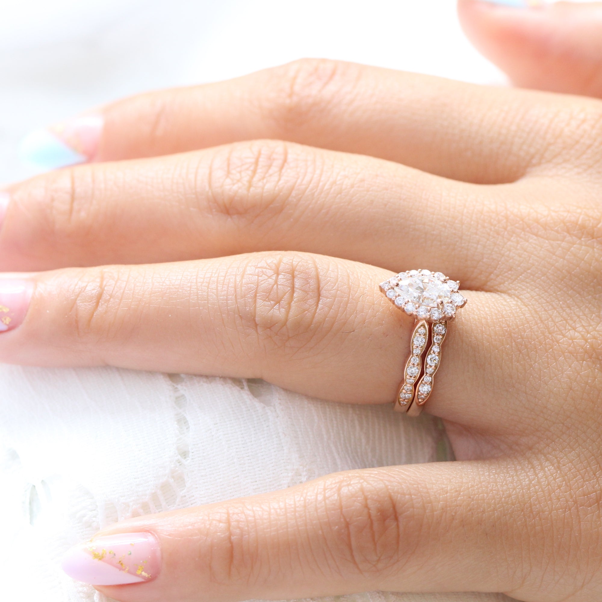Halo Diamond Pear Moissanite Engagement Ring Rose Gold Cluster Ring Platinum / 5.5