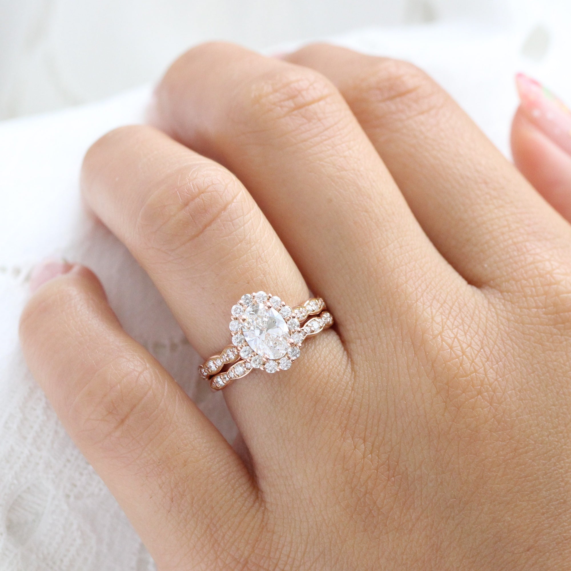 Oval Lab Diamond Ring Bridal Set Rose Gold Halo Wedding Ring Stack