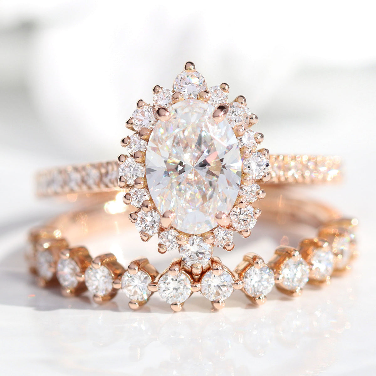 lab diamond ring bridal set rose gold halo oval diamond engagement ring La More Design Jewelry