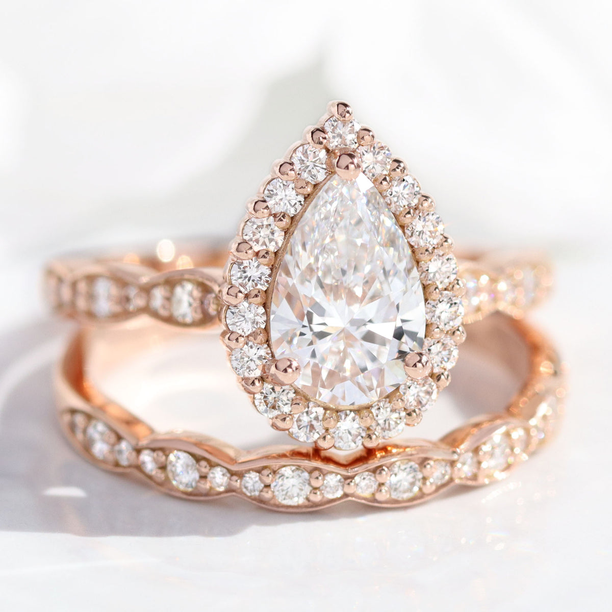 lab diamond ring bridal set rose gold halo pear diamond engagement ring La More Design Jewelry