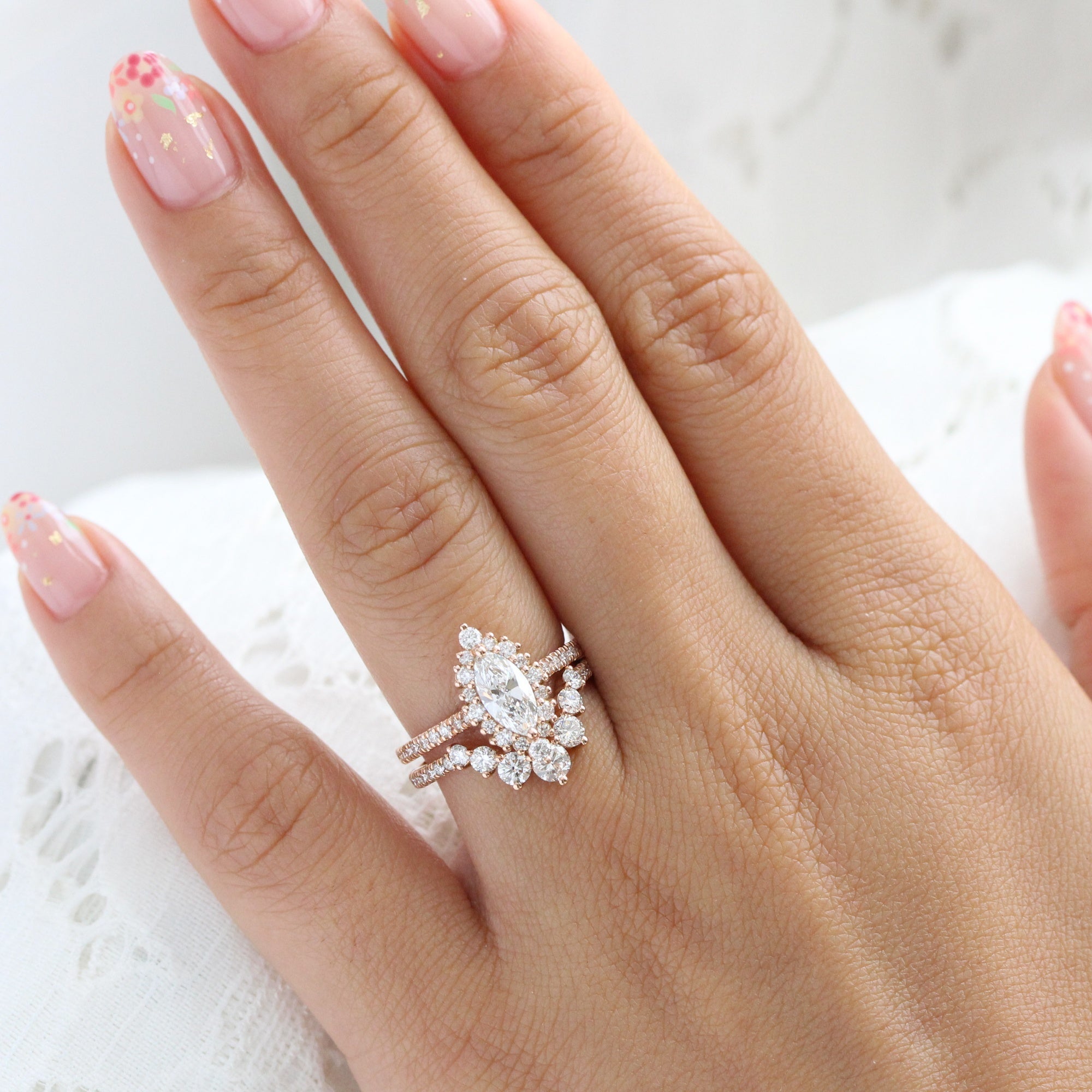 Marquise Lab Diamond Ring Halo Bridal Set Gold Big Diamond Curved