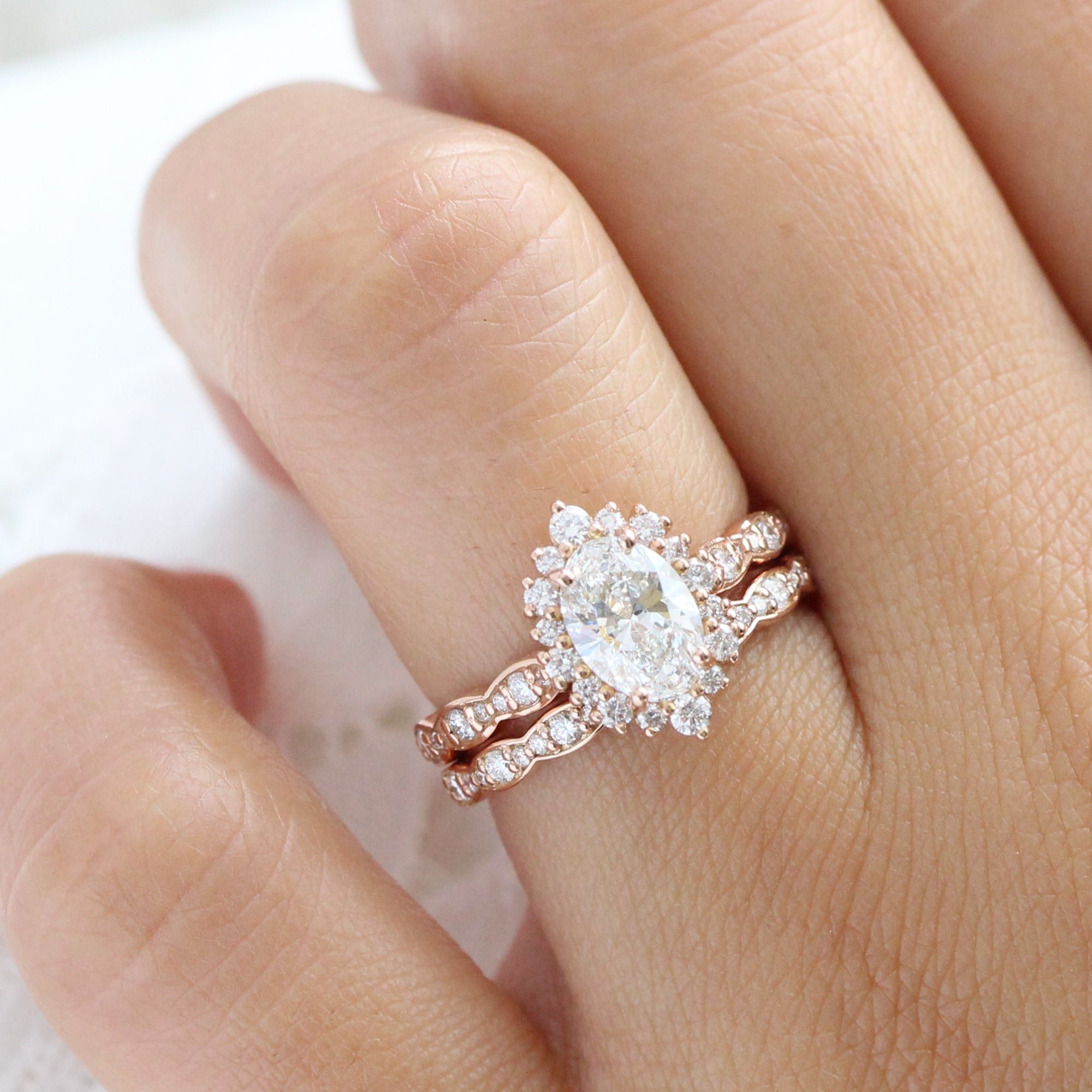 Oval Lab Diamond Ring Rose Gold Halo Bridal Set Matching Wedding