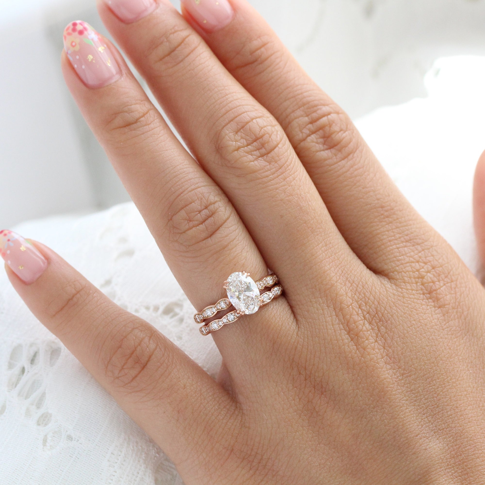 Large Oval Lab Diamond Ring Bridal Set Rose Gold Solitaire Ring Stack La More Design image