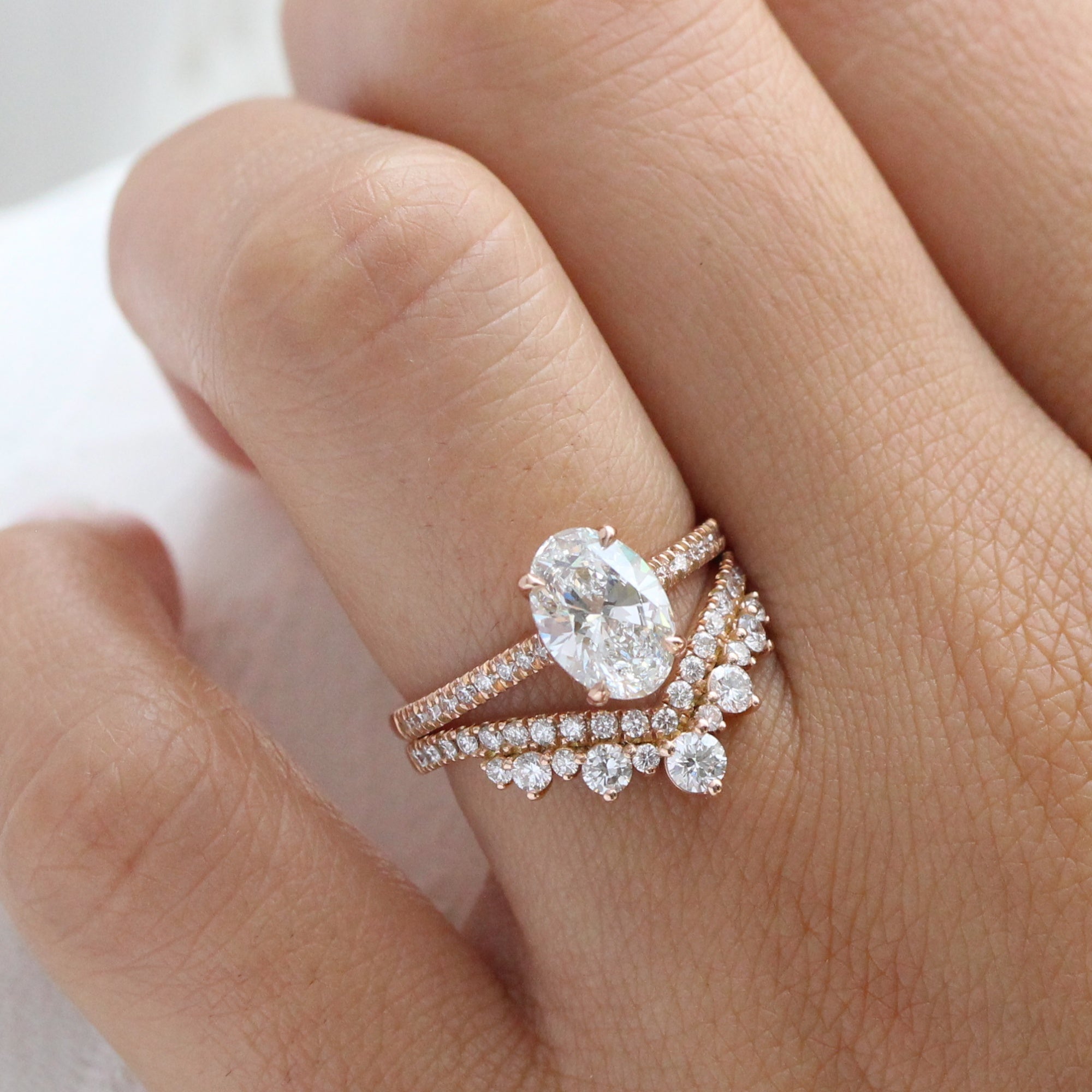 2Ct Oval Lab Diamond Ring Bridal Set Rose Gold Solitaire Ring Stack