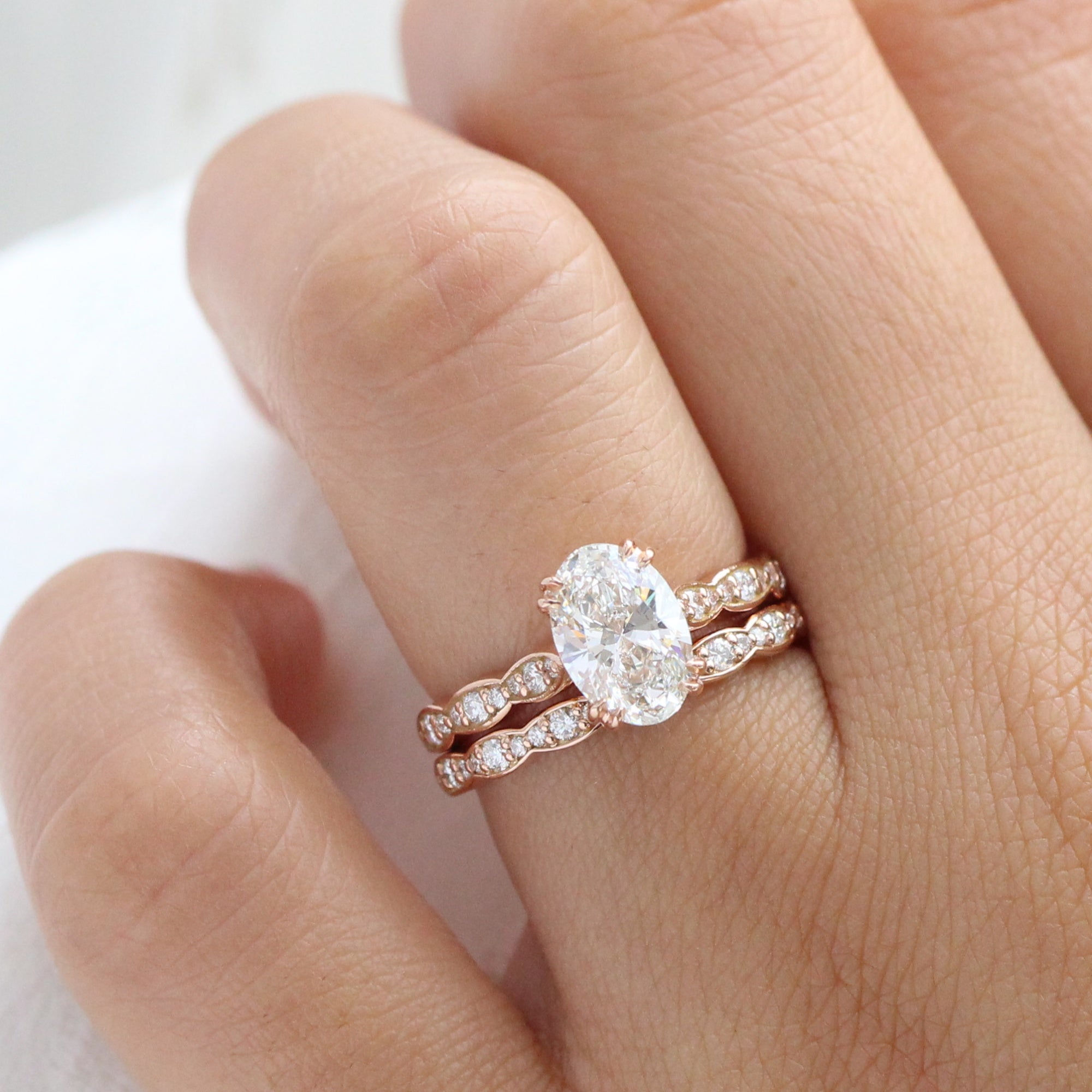 Large Oval Lab Diamond Ring Bridal Set Rose Gold Solitaire Ring Stack