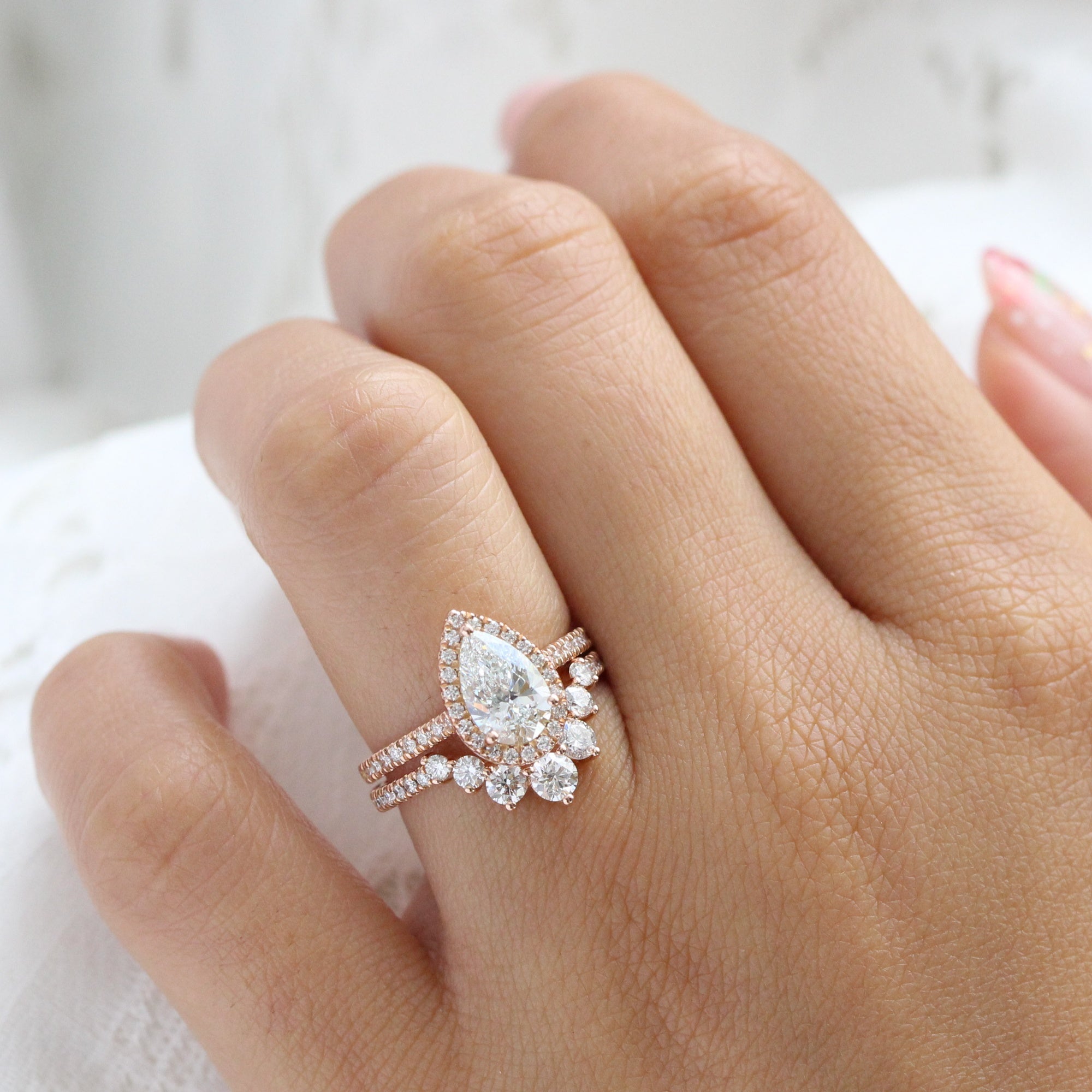 Vertrouwelijk Zeeslak Verdragen 2.2 Ct Pear Lab Diamond Ring Stack Rose Gold Halo Pave Ring Bridal Set | La  More Design