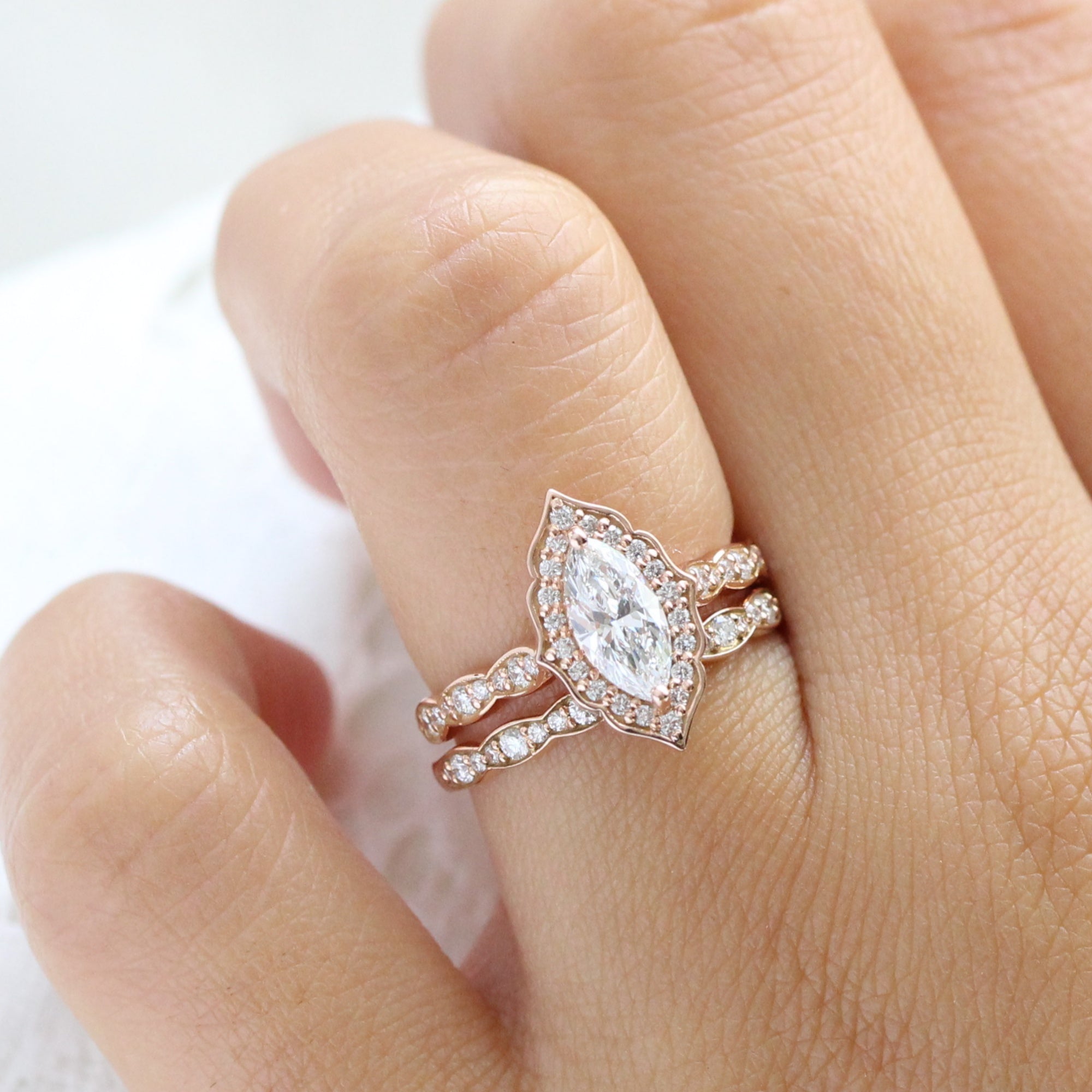 Marquise Lab Diamond Ring Bridal Set Rose Gold Vintage Halo Wedding Set
