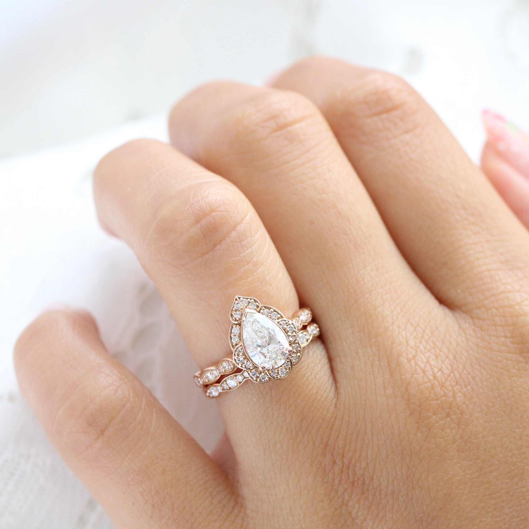 lab diamond ring bridal set rose gold vintage halo pear diamond engagement ring La More Design Jewelry