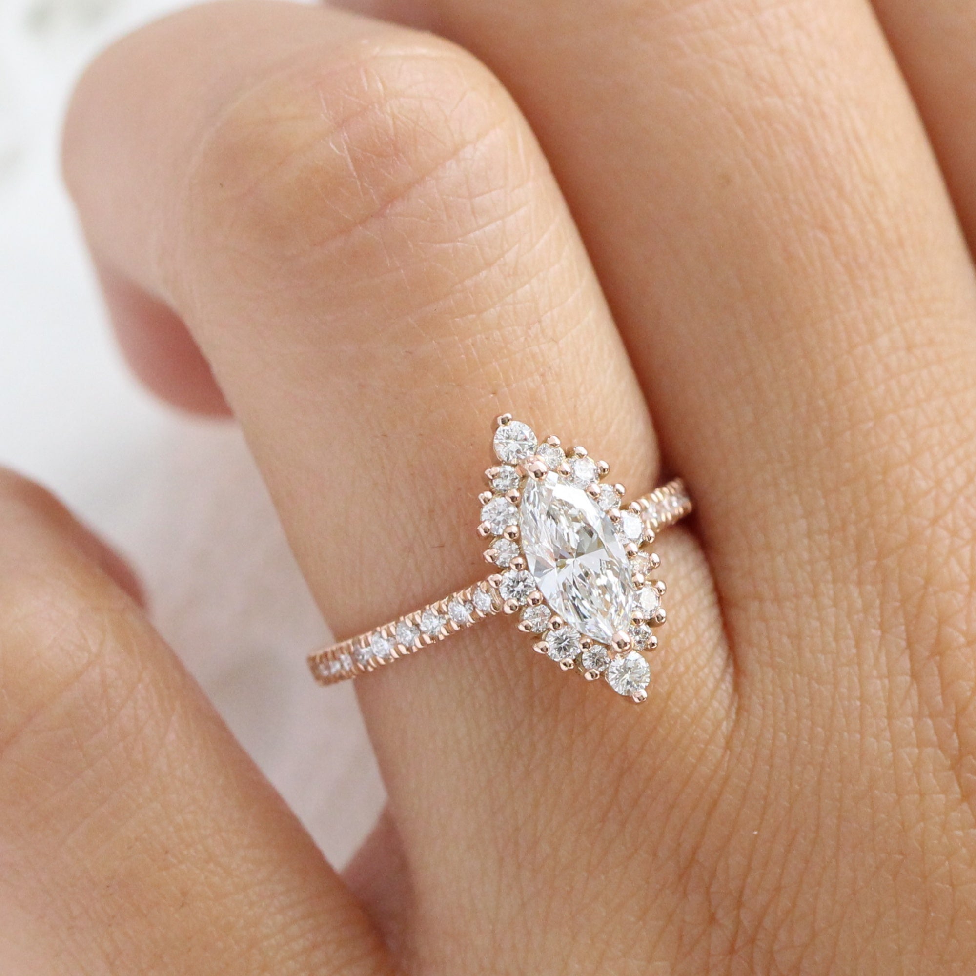 Marquise Lab Grown Diamond Engagement Ring Rose Gold Halo Pave