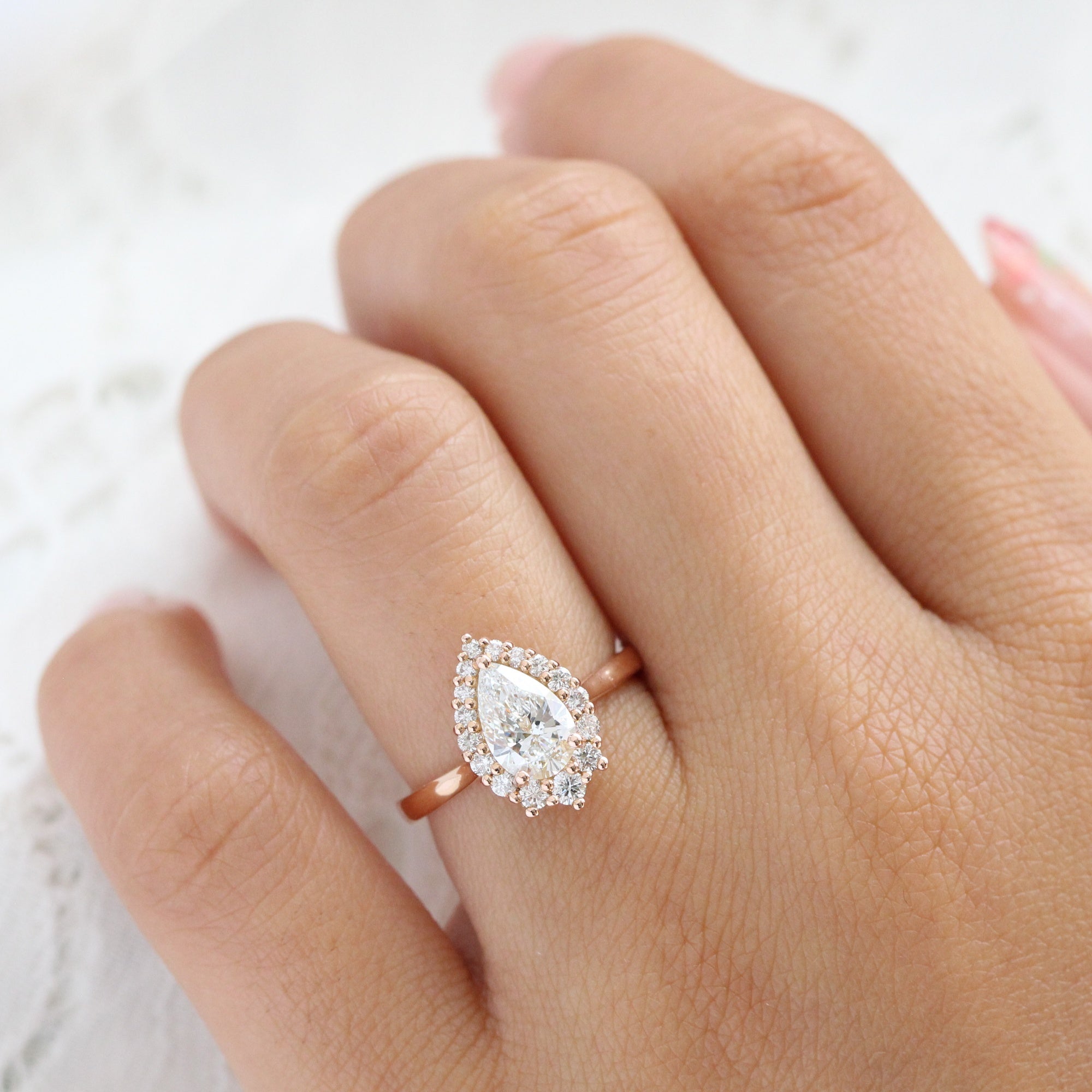 2.00 Pear Shape Halo Lab Created Diamond Engagement Ring – Happy