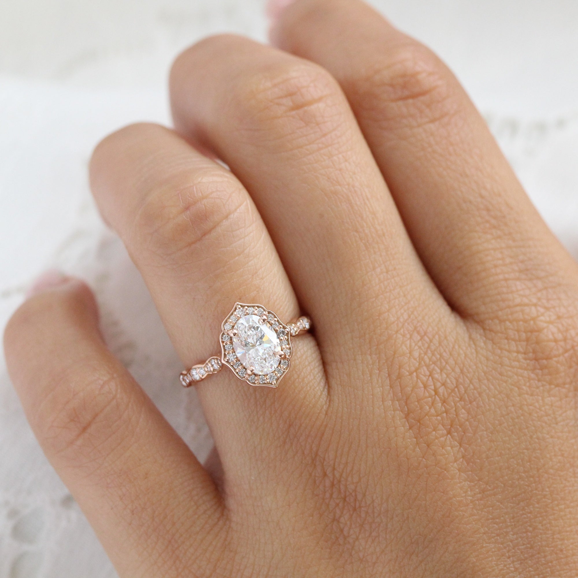 1.50 Oval Cut Lab Grown Diamond Engagement Ring Rose Gold Vintage Halo Ring 14K Yellow Gold 6.0