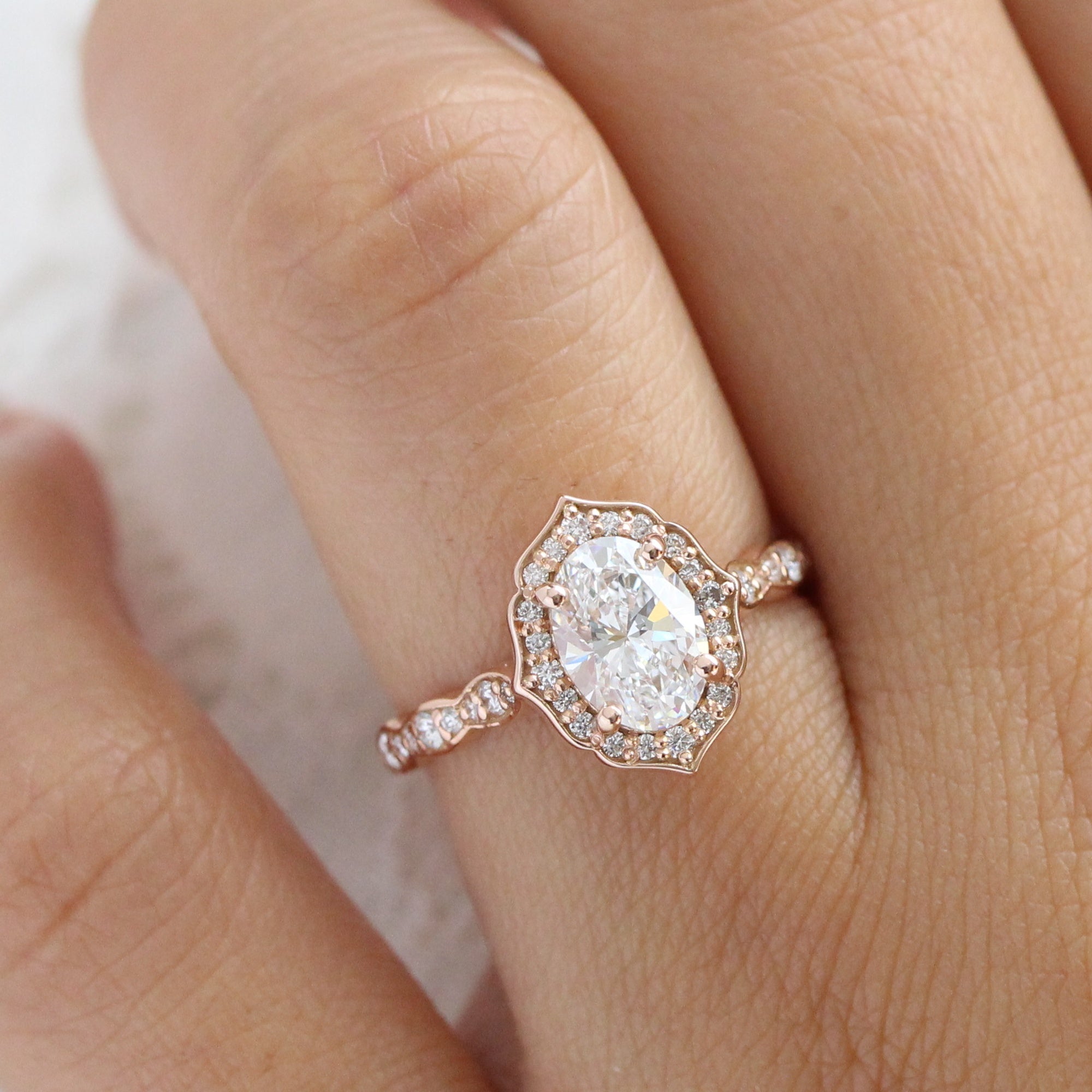 Oval Cut Lab Diamond Engagement Ring Rose Gold Vintage Halo